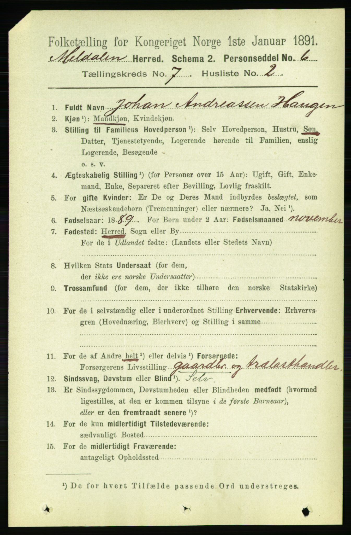 RA, 1891 census for 1636 Meldal, 1891, p. 3422