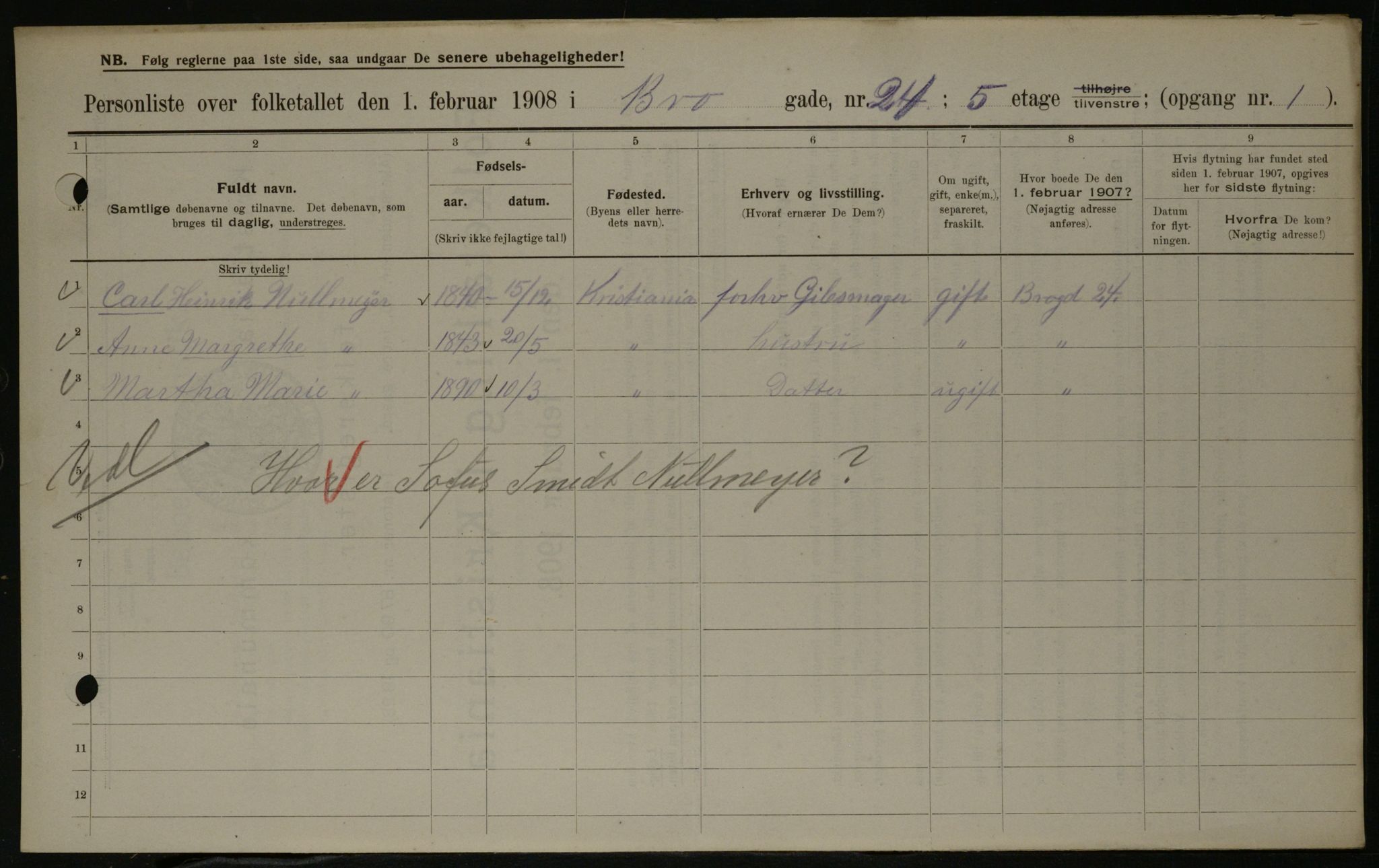 OBA, Municipal Census 1908 for Kristiania, 1908, p. 9510