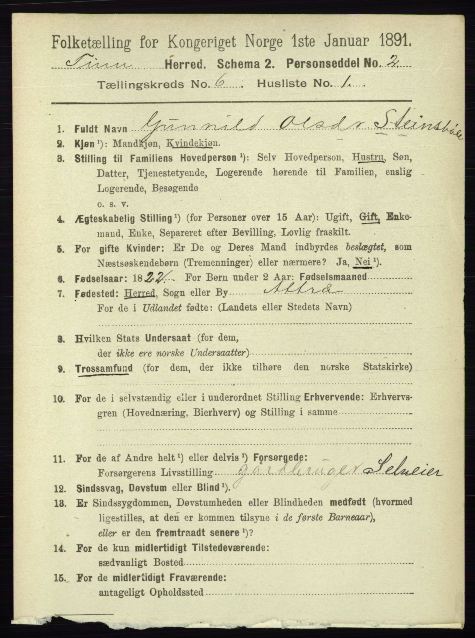 RA, 1891 census for 0826 Tinn, 1891, p. 1193