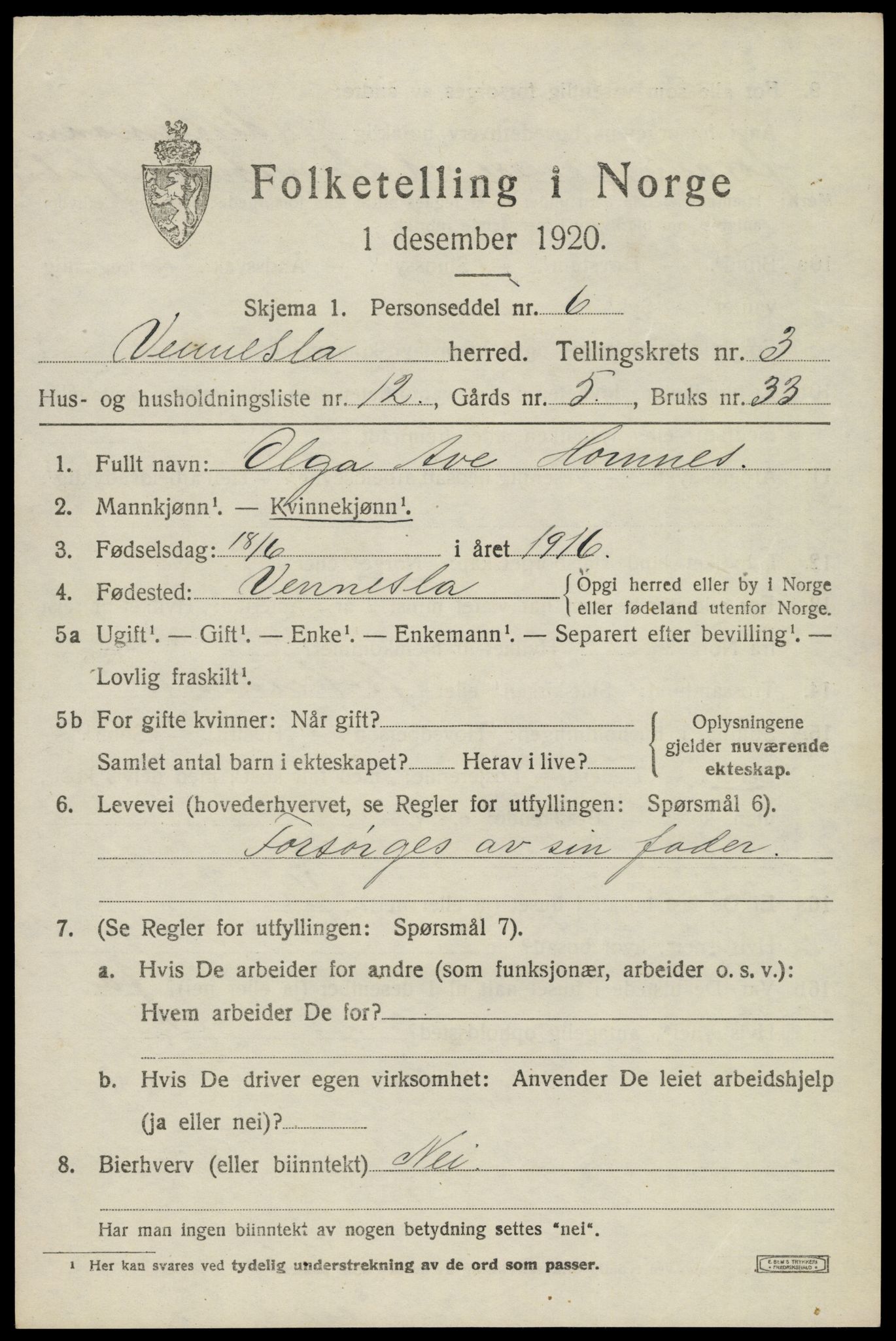 SAK, 1920 census for Vennesla, 1920, p. 2358