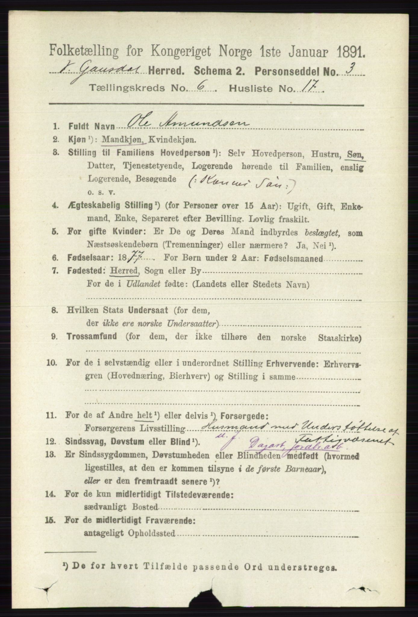 RA, 1891 census for 0523 Vestre Gausdal, 1891, p. 2662