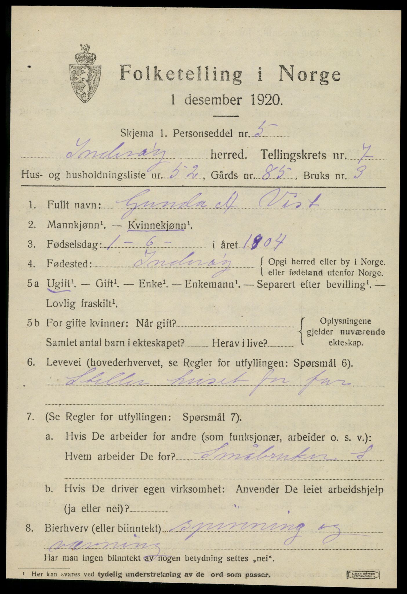 SAT, 1920 census for Inderøy, 1920, p. 5599