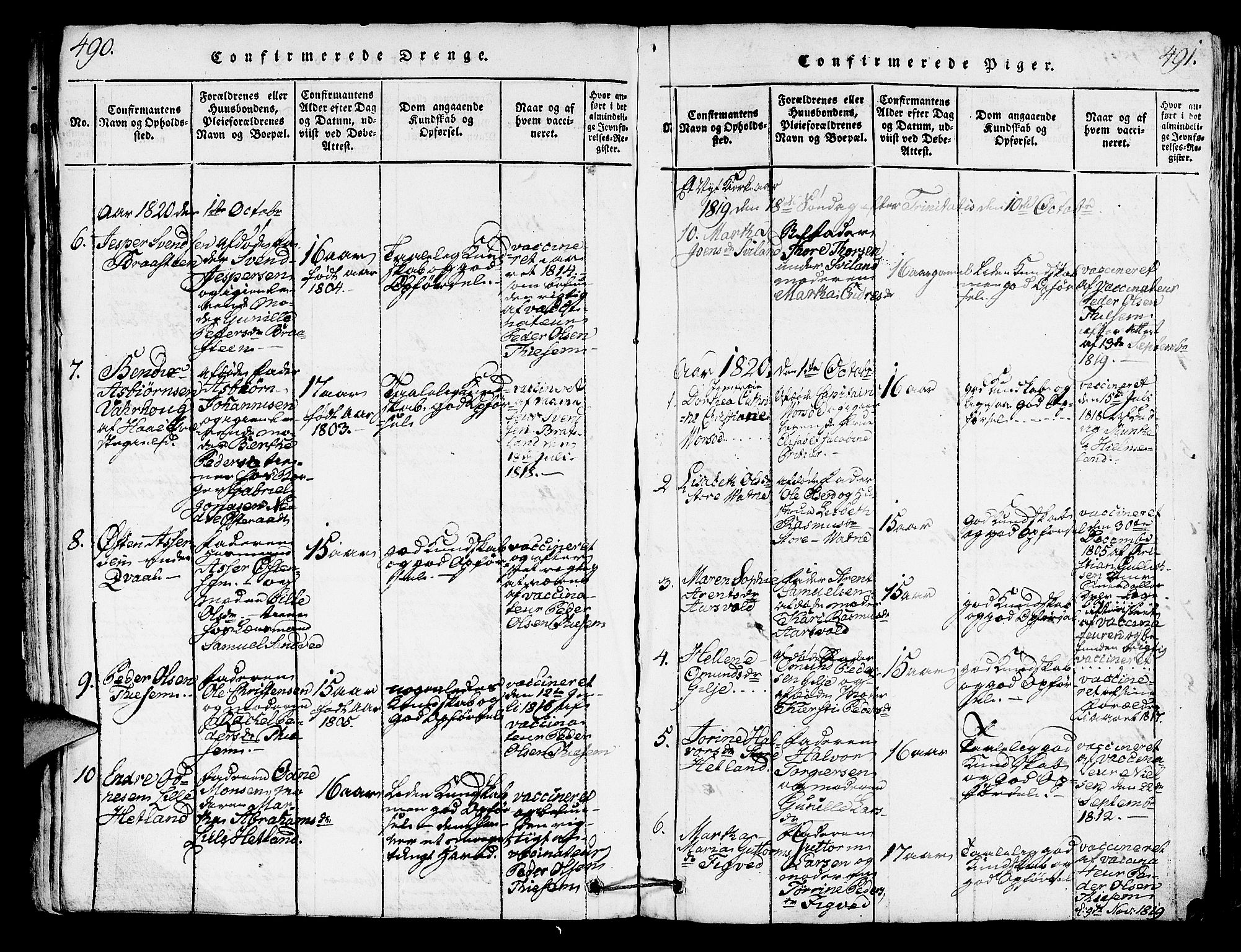 Høyland sokneprestkontor, SAST/A-101799/001/30BA/L0006: Parish register (official) no. A 6, 1815-1825, p. 490-491