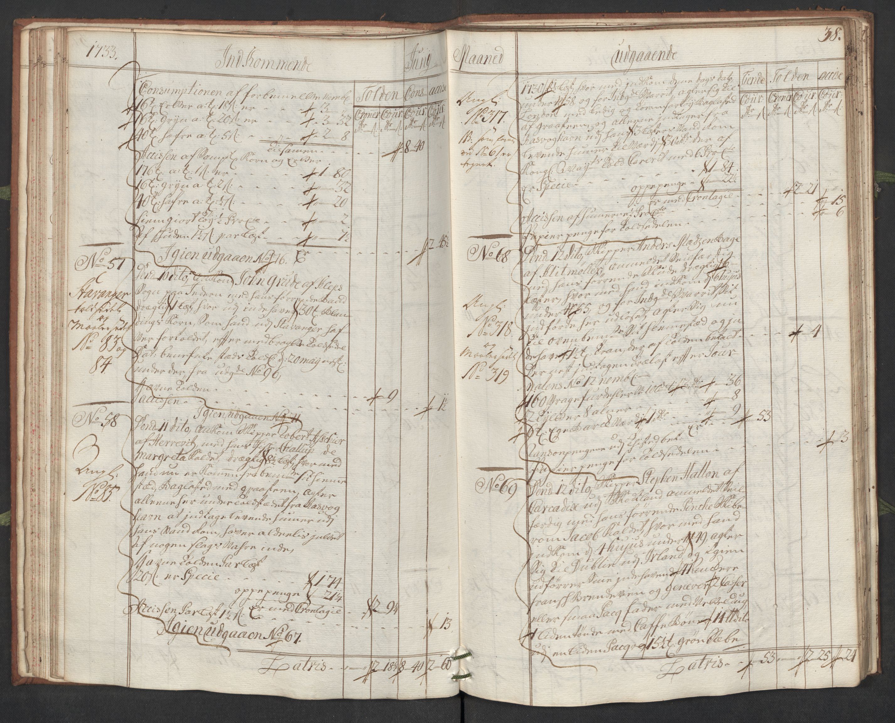 Generaltollkammeret, tollregnskaper, AV/RA-EA-5490/R19/L0007/0001: Tollregnskaper Flekkefjord / Hovedtollbok, 1733, p. 37b-38a