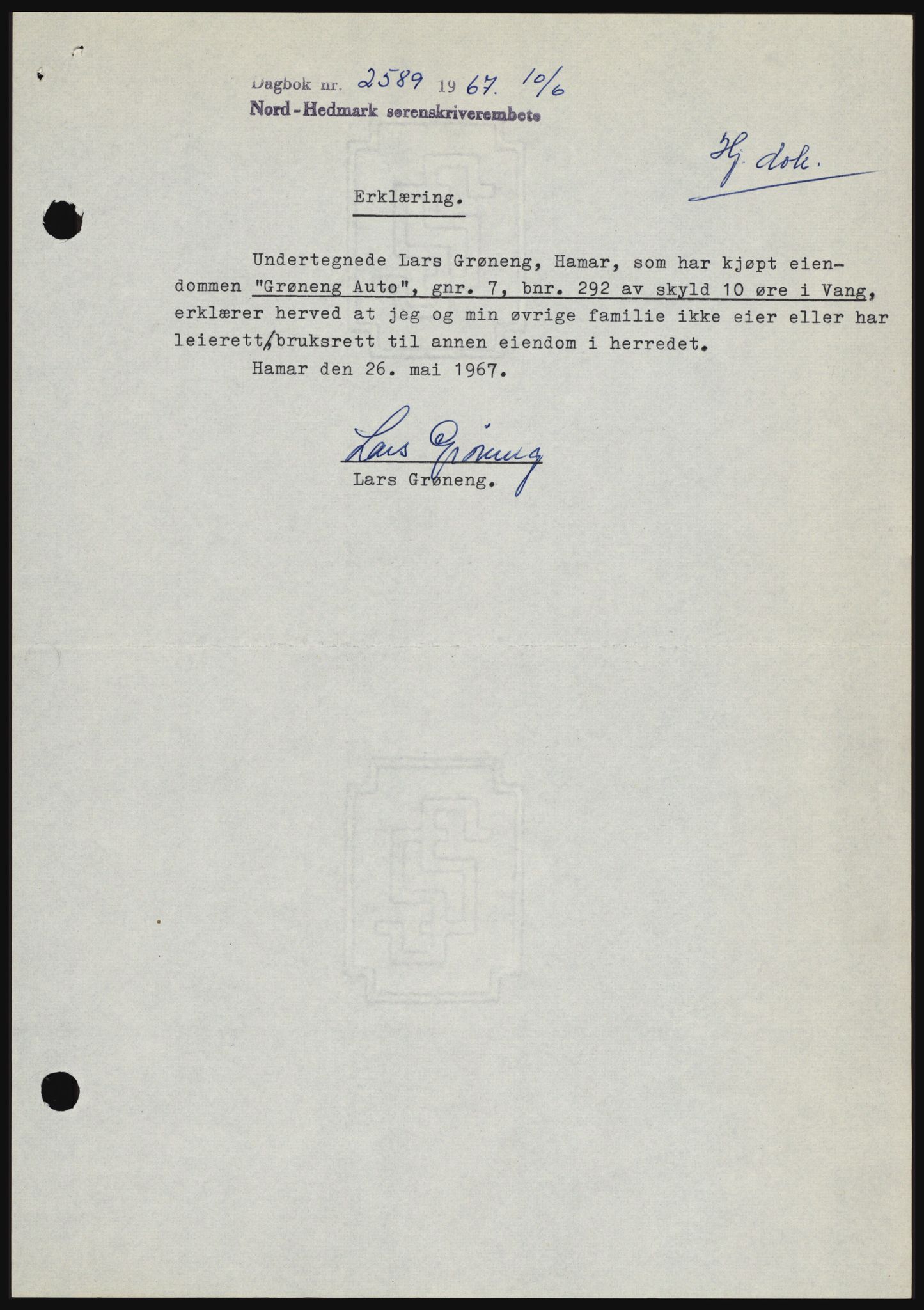 Nord-Hedmark sorenskriveri, SAH/TING-012/H/Hc/L0026: Mortgage book no. 26, 1967-1967, Diary no: : 2589/1967