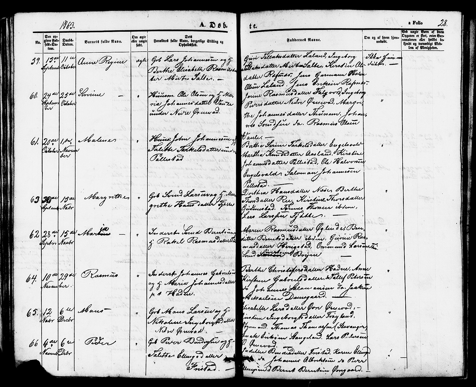 Klepp sokneprestkontor, AV/SAST-A-101803/001/3/30BB/L0002: Parish register (copy) no. B 2, 1860-1875, p. 28