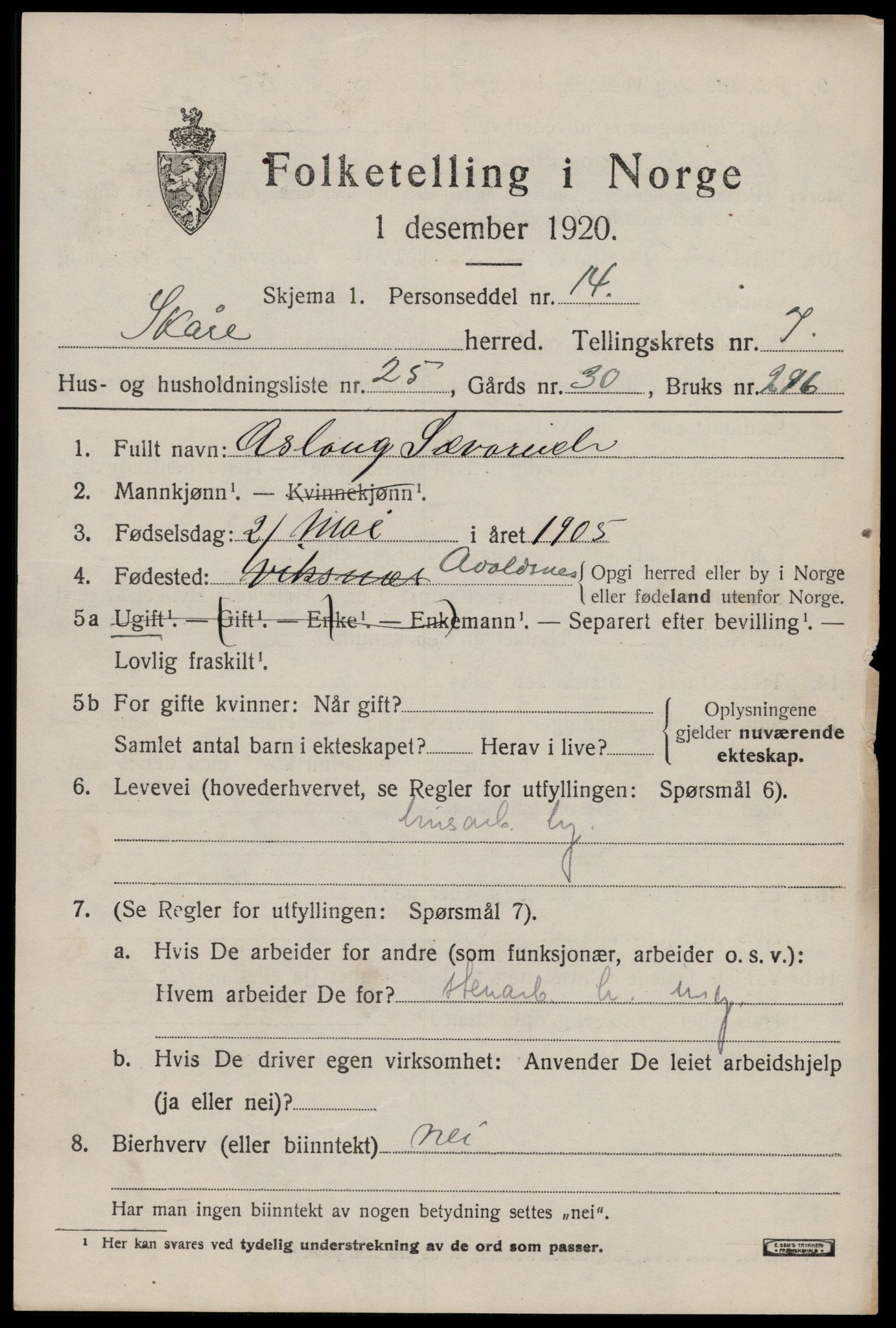 SAST, 1920 census for Skåre, 1920, p. 5298