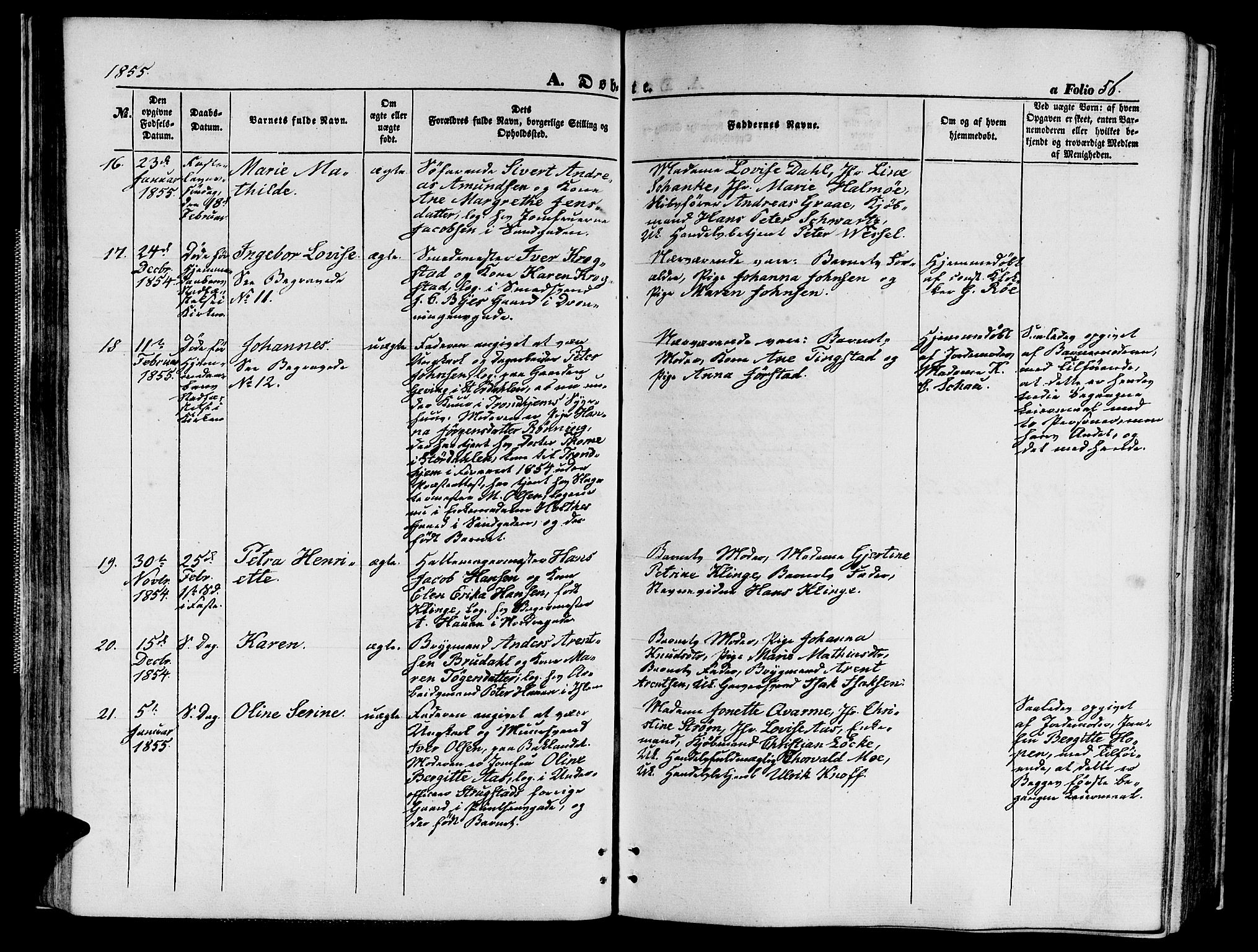 Ministerialprotokoller, klokkerbøker og fødselsregistre - Sør-Trøndelag, SAT/A-1456/602/L0138: Parish register (copy) no. 602C06, 1853-1858, p. 56