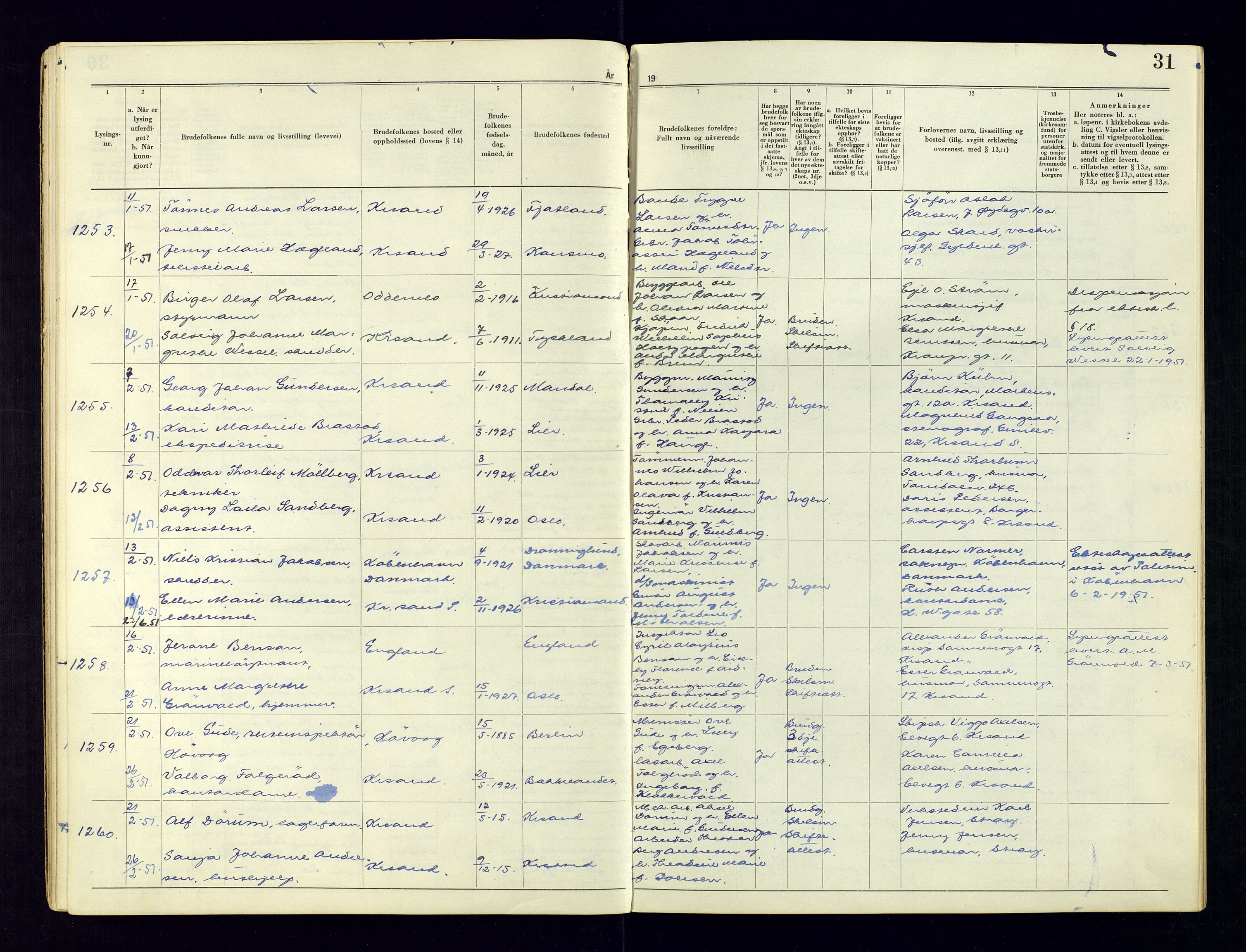 Kristiansand byrett - 2, AV/SAK-1223-0002/I/Ib/L0149/0004: Vigselbøker og lysningsbøker / Lysningsbok, 1946-1961, p. 31