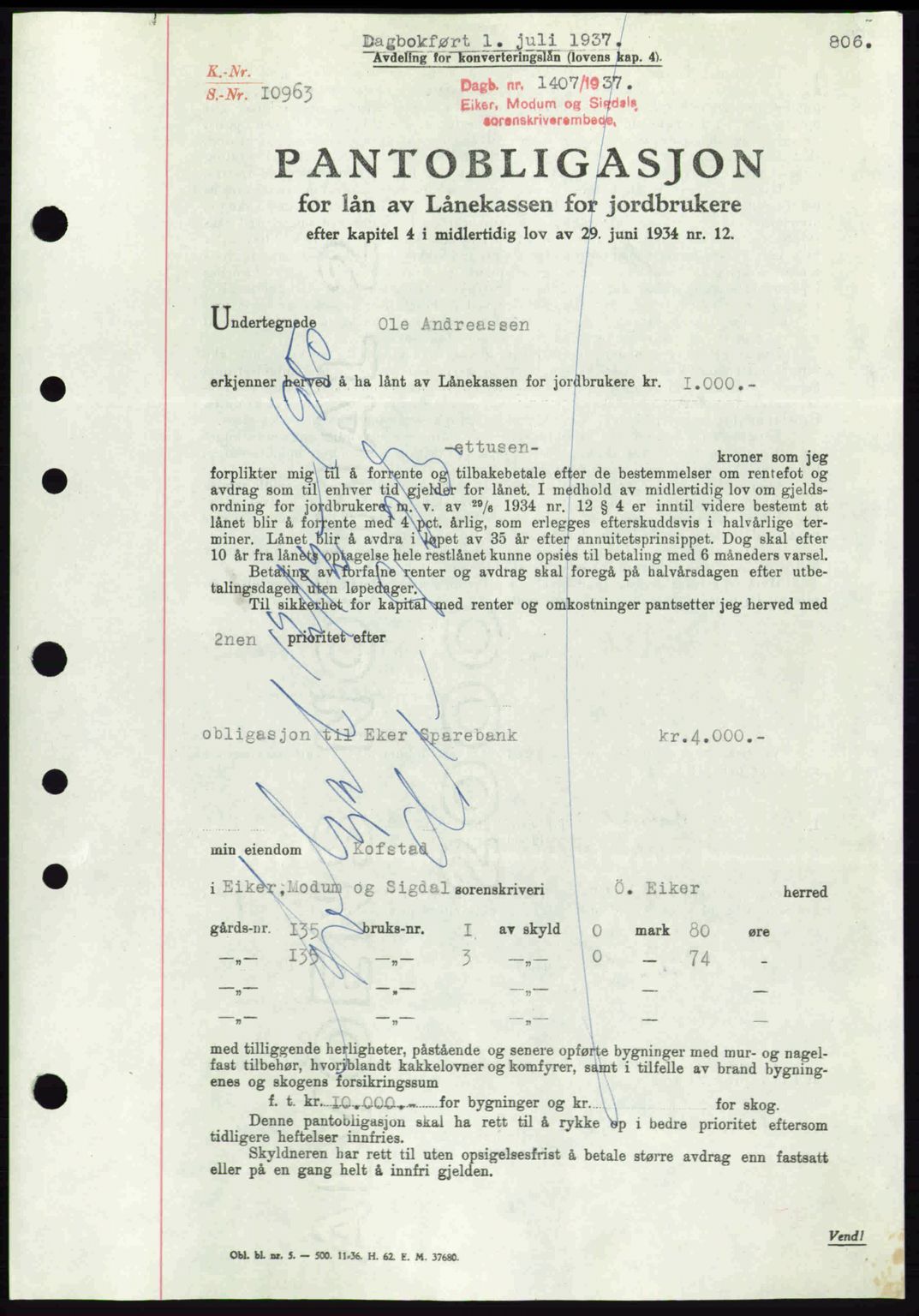 Eiker, Modum og Sigdal sorenskriveri, SAKO/A-123/G/Ga/Gab/L0035: Mortgage book no. A5, 1937-1937, Diary no: : 1407/1937