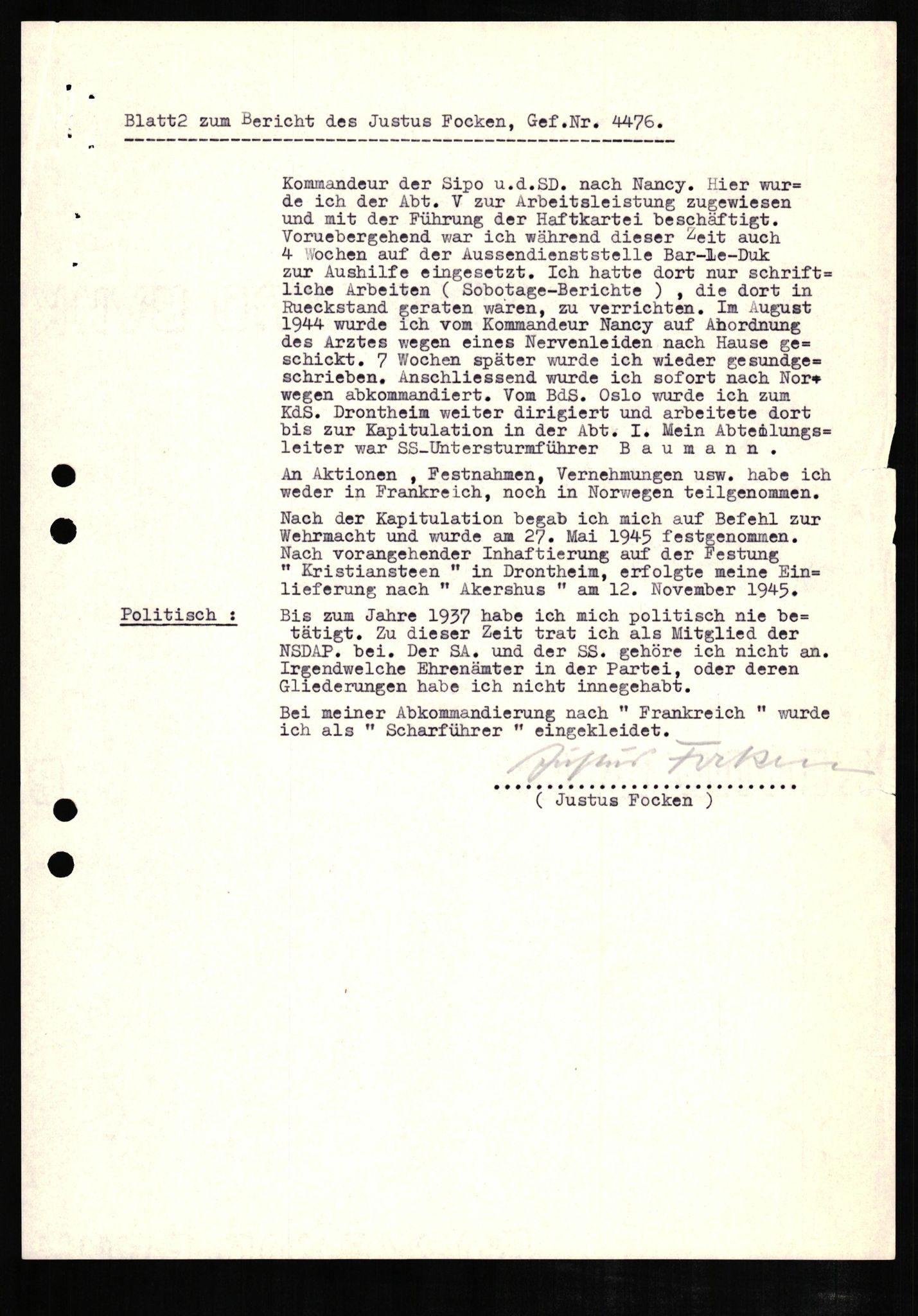 Forsvaret, Forsvarets overkommando II, RA/RAFA-3915/D/Db/L0008: CI Questionaires. Tyske okkupasjonsstyrker i Norge. Tyskere., 1945-1946, p. 186