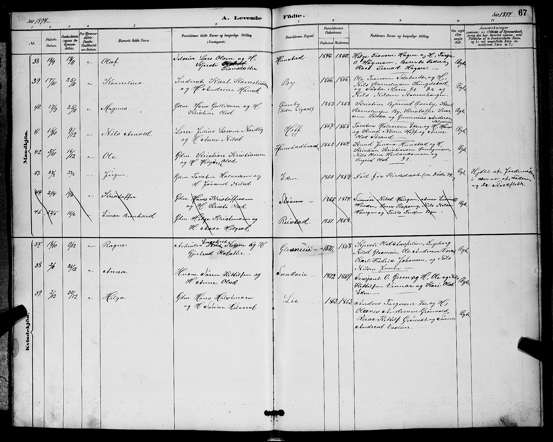 Sigdal kirkebøker, AV/SAKO-A-245/G/Ga/L0005: Parish register (copy) no. I 5, 1886-1900, p. 67