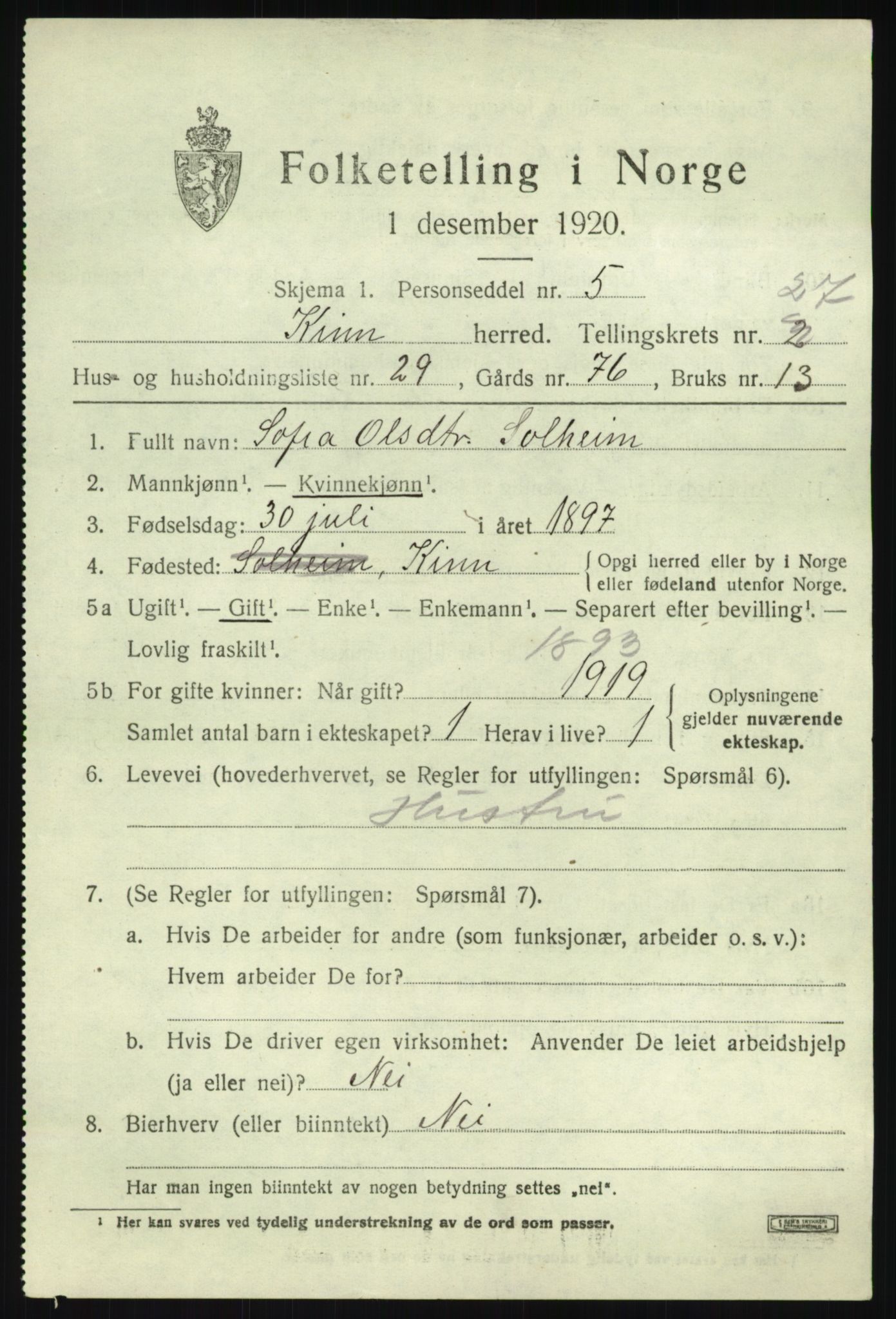 SAB, 1920 census for Kinn, 1920, p. 9549