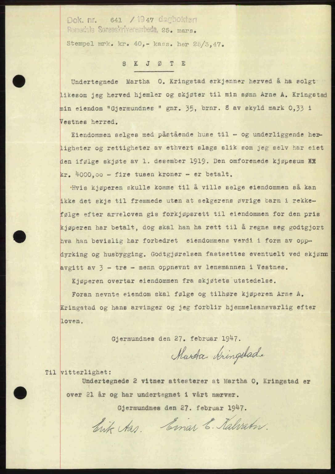 Romsdal sorenskriveri, AV/SAT-A-4149/1/2/2C: Mortgage book no. A22, 1947-1947, Diary no: : 641/1947