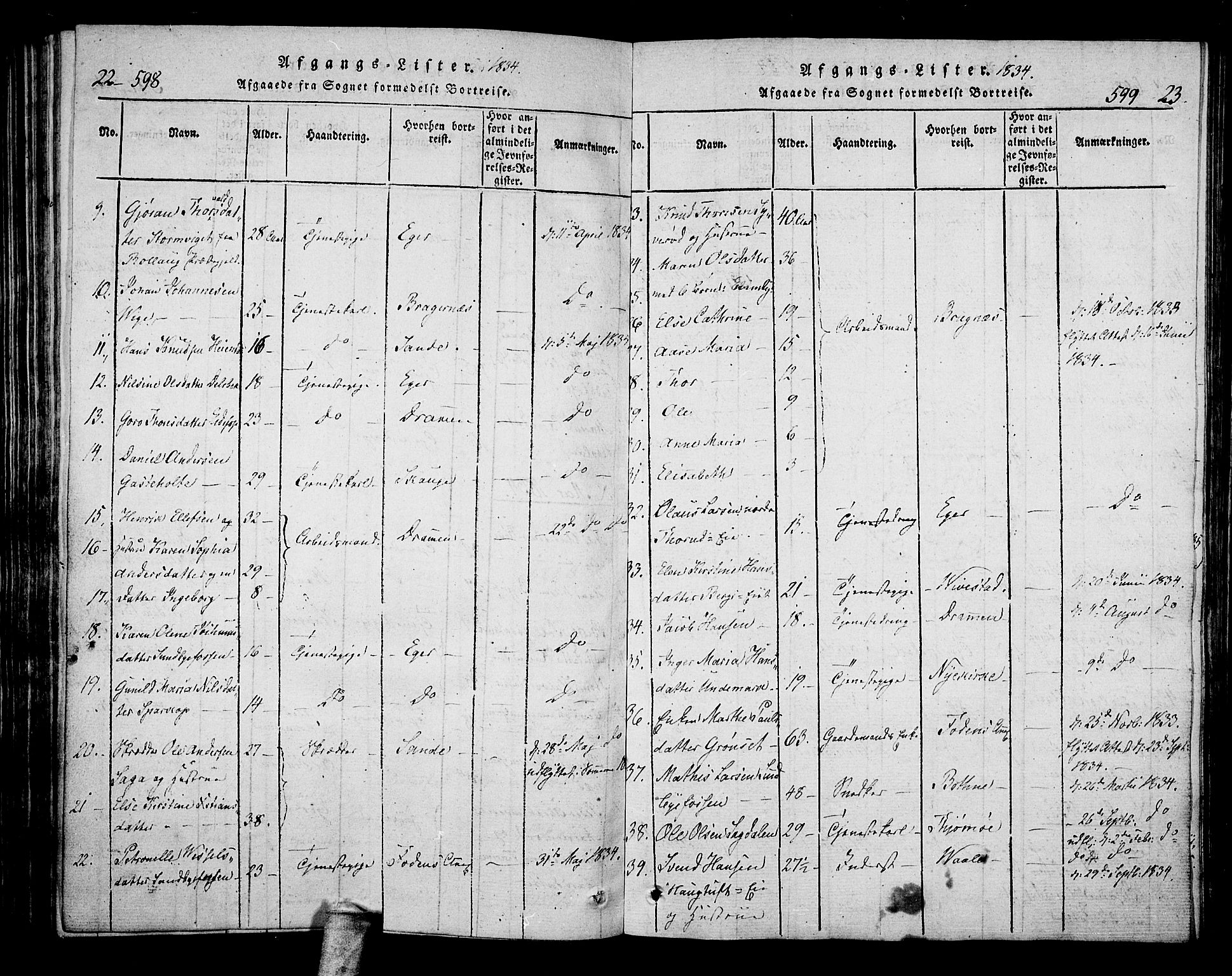 Hof kirkebøker, SAKO/A-64/F/Fa/L0004: Parish register (official) no. I 4, 1814-1843, p. 598-599