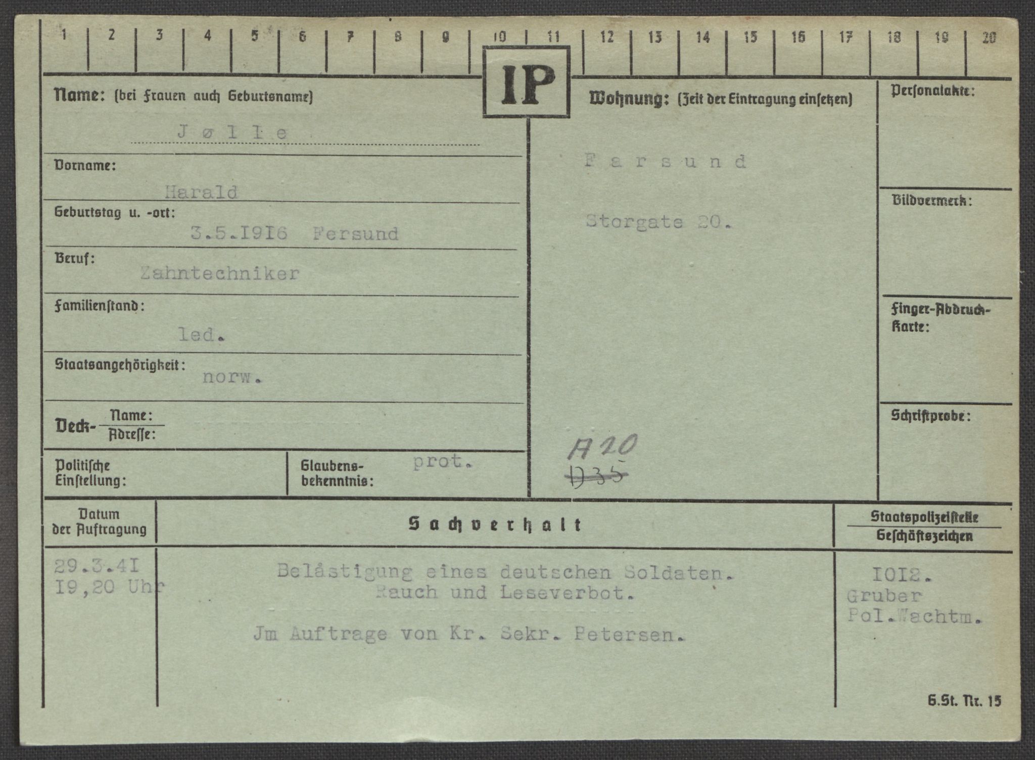 Befehlshaber der Sicherheitspolizei und des SD, RA/RAFA-5969/E/Ea/Eaa/L0005: Register over norske fanger i Møllergata 19: Hø-Kj, 1940-1945, p. 1077