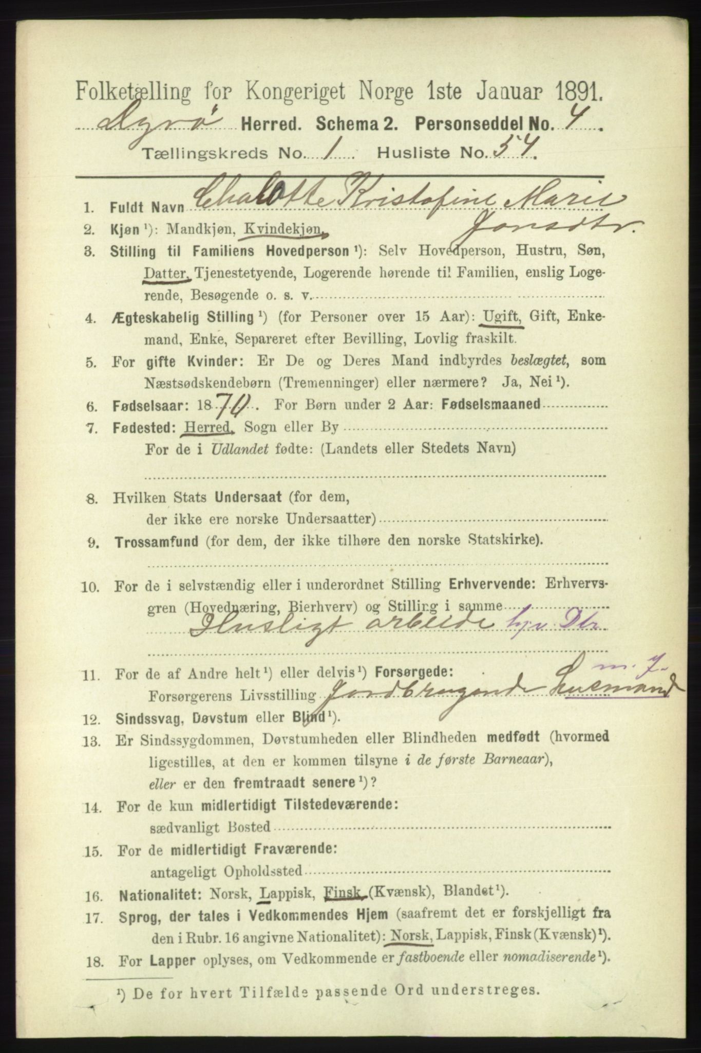 RA, 1891 census for 1926 Dyrøy, 1891, p. 401