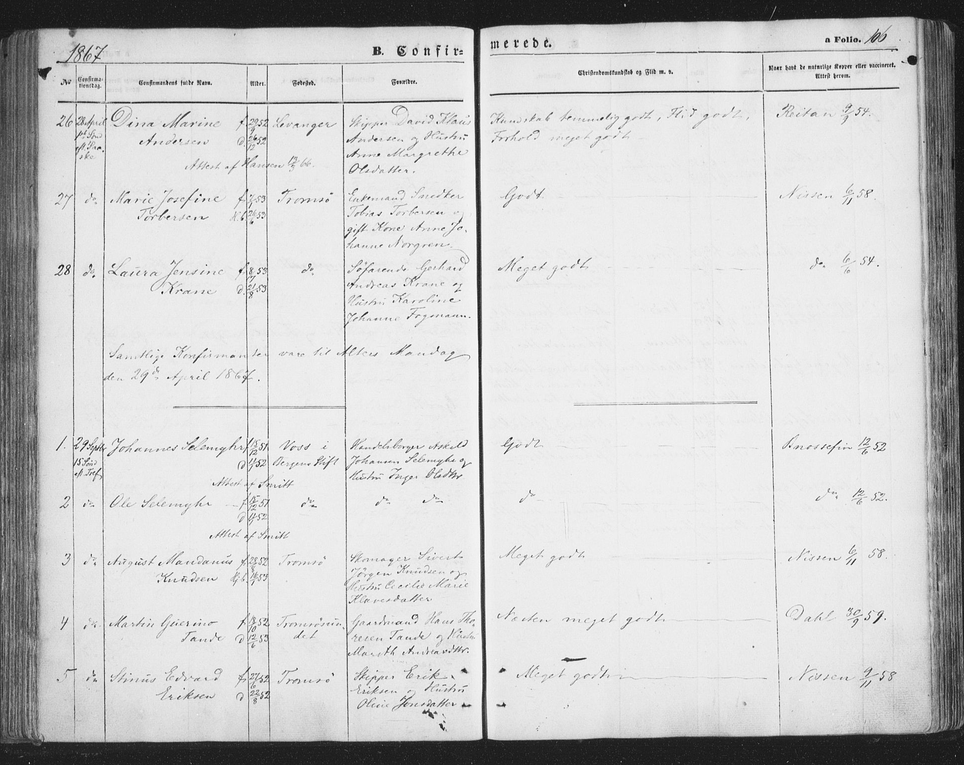 Tromsø sokneprestkontor/stiftsprosti/domprosti, AV/SATØ-S-1343/G/Ga/L0012kirke: Parish register (official) no. 12, 1865-1871, p. 106