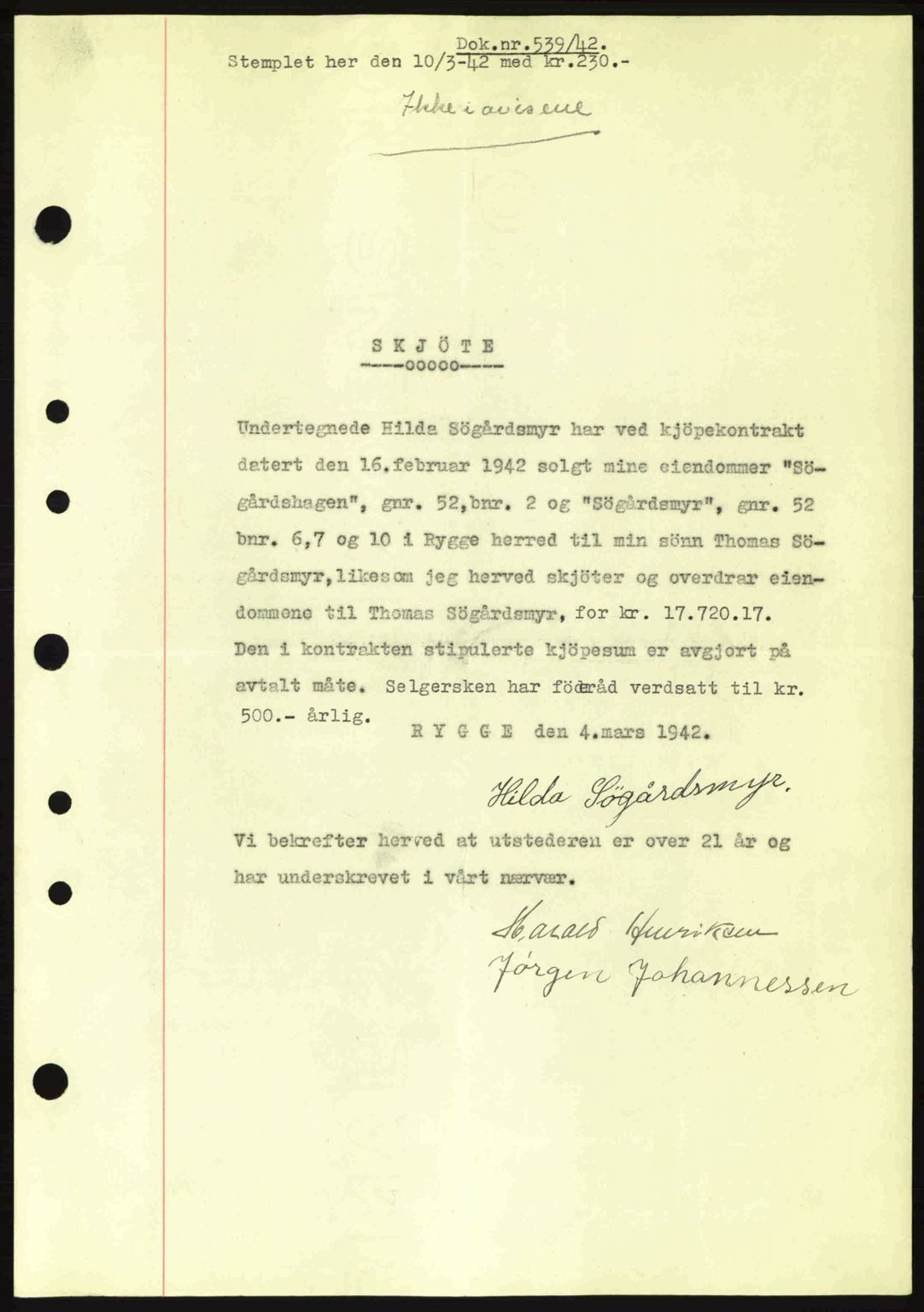 Moss sorenskriveri, SAO/A-10168: Mortgage book no. A9, 1941-1942, Diary no: : 539/1942