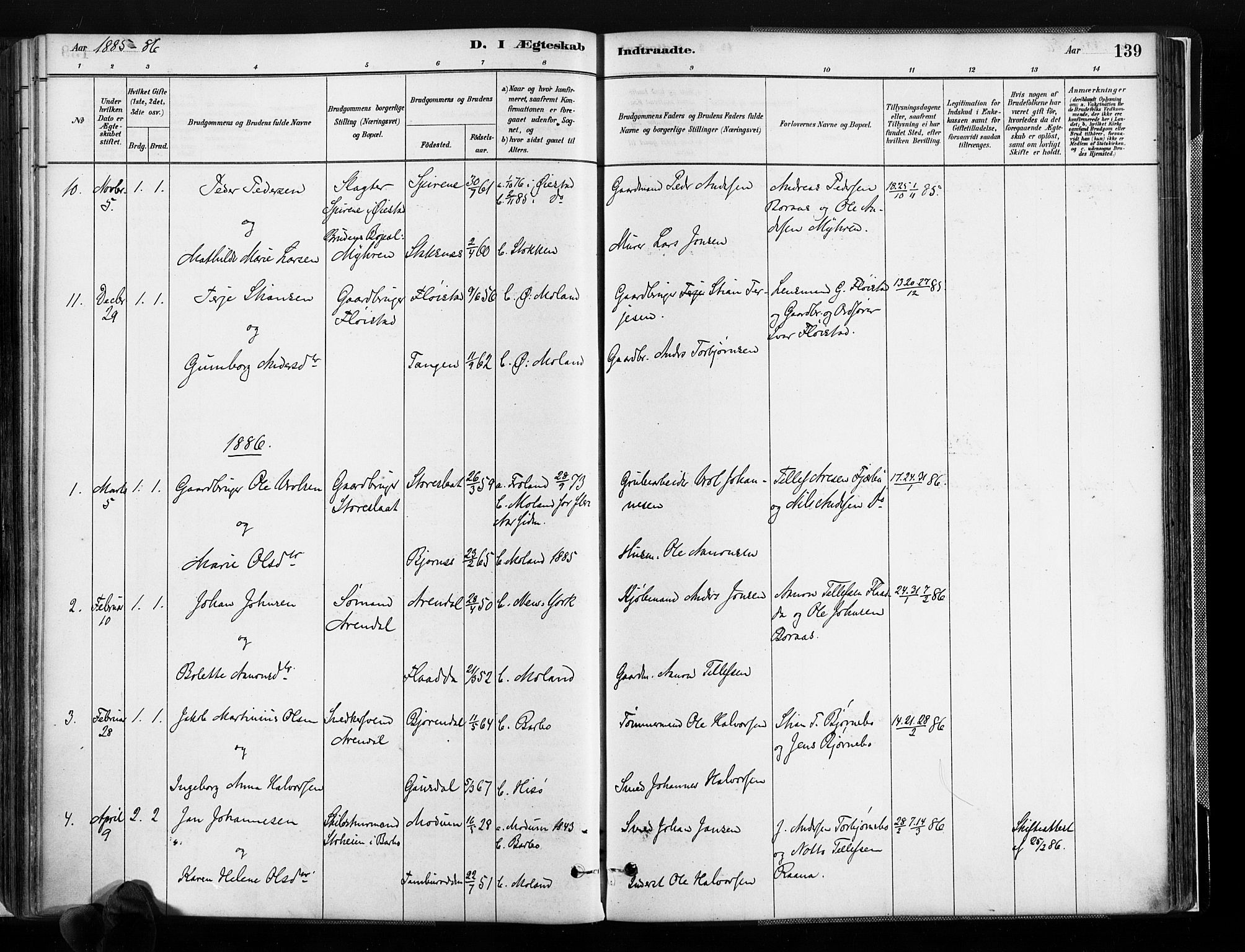 Austre Moland sokneprestkontor, SAK/1111-0001/F/Fa/Faa/L0010: Parish register (official) no. A 10, 1880-1904, p. 139