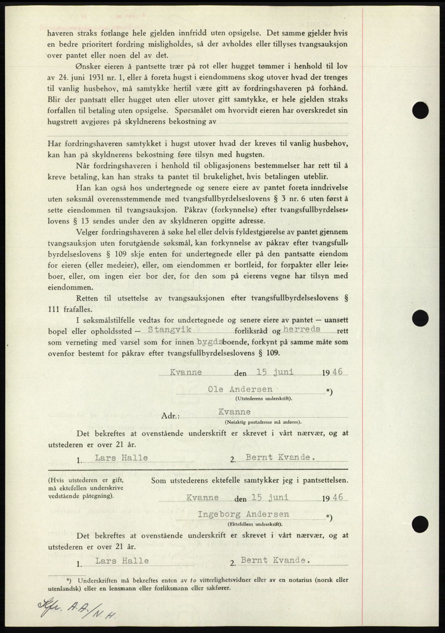 Nordmøre sorenskriveri, AV/SAT-A-4132/1/2/2Ca: Mortgage book no. B94, 1946-1946, Diary no: : 1124/1946