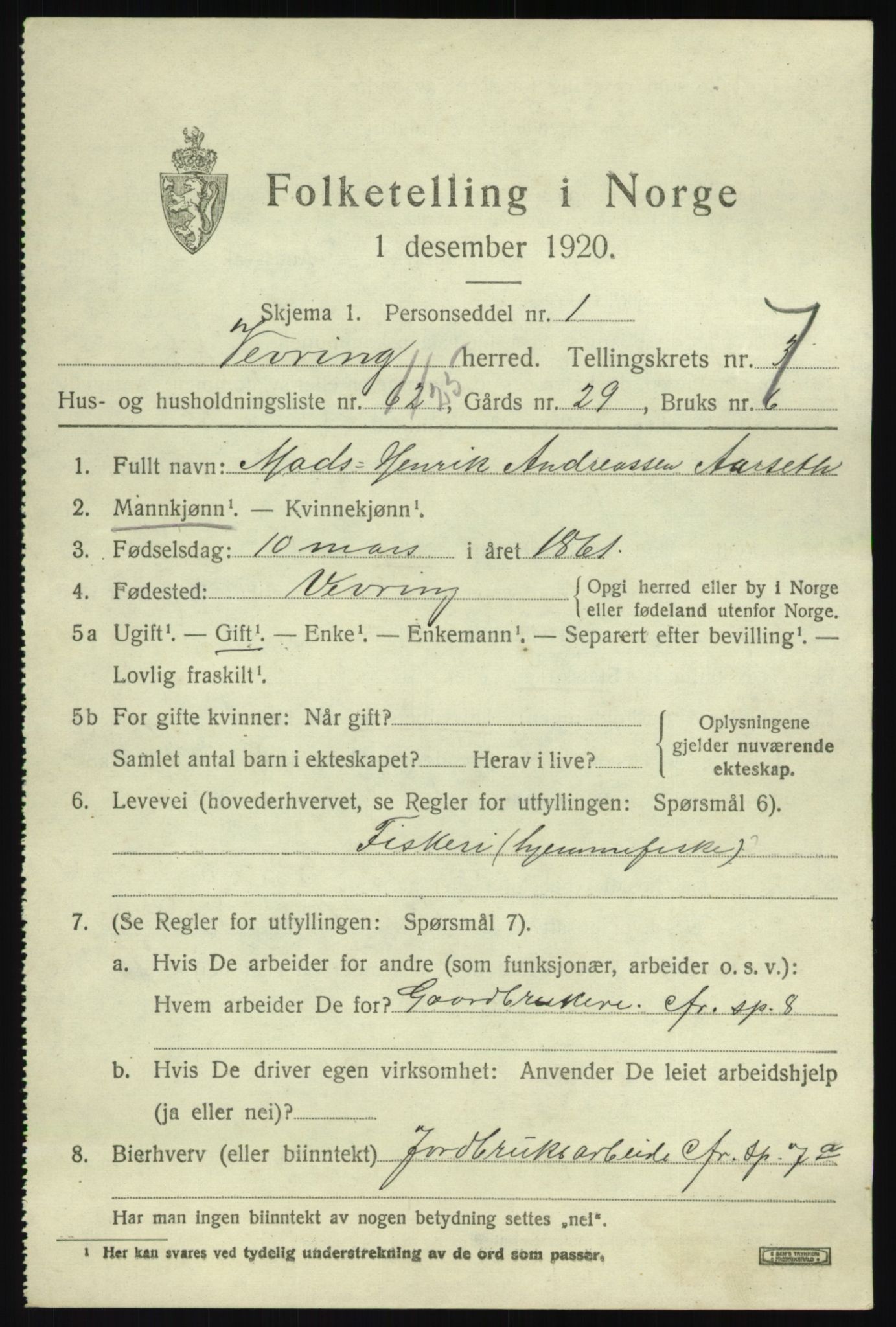 SAB, 1920 census for Vevring, 1920, p. 2244