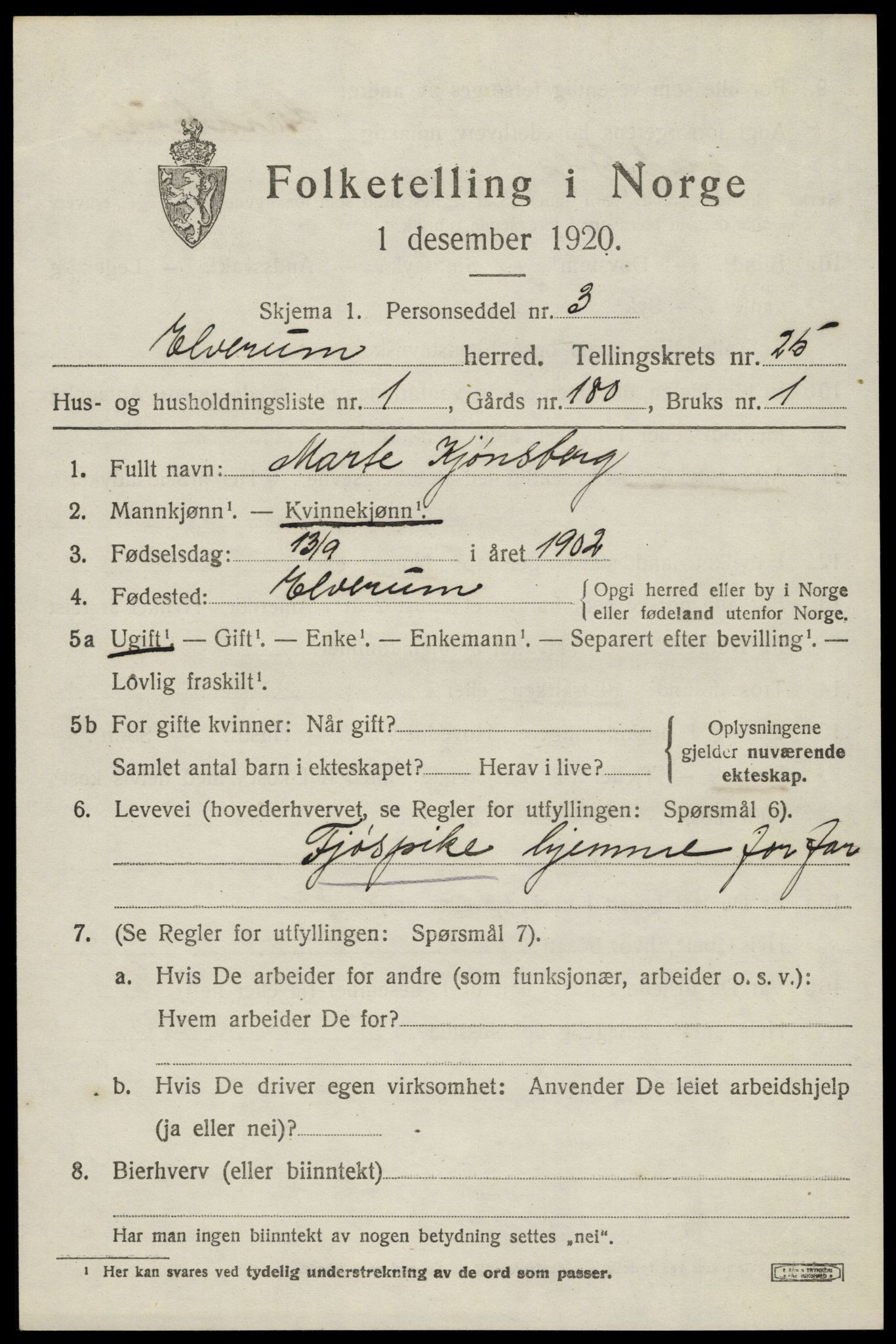 SAH, 1920 census for Elverum, 1920, p. 26230