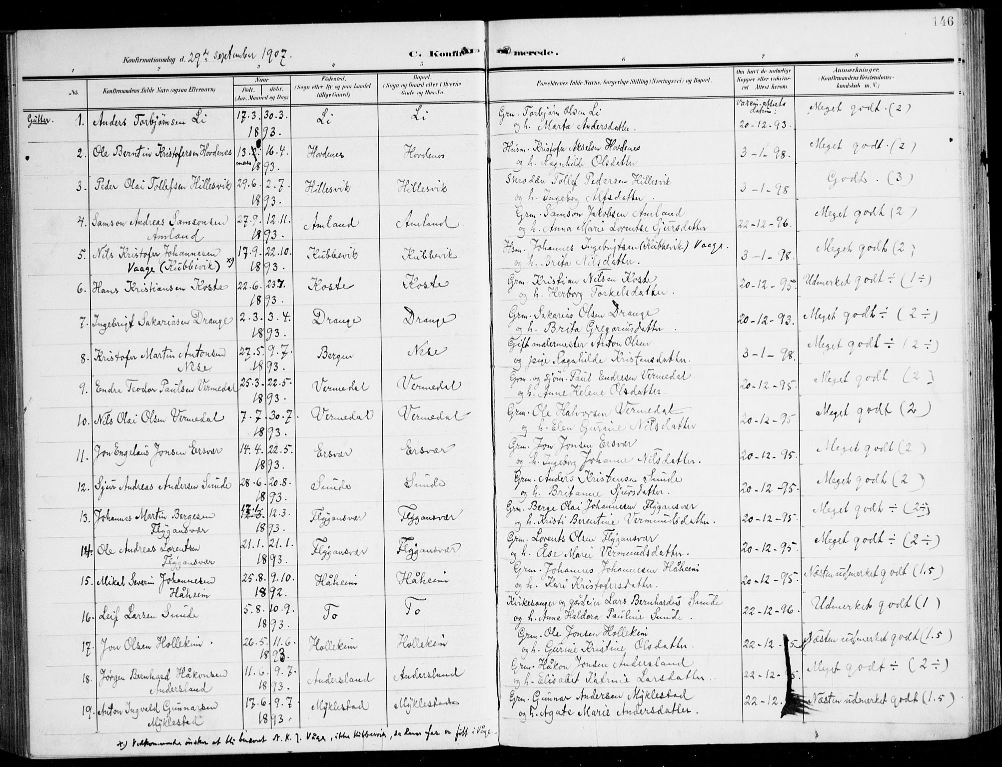 Tysnes sokneprestembete, AV/SAB-A-78601/H/Haa: Parish register (official) no. D 2, 1905-1922, p. 146