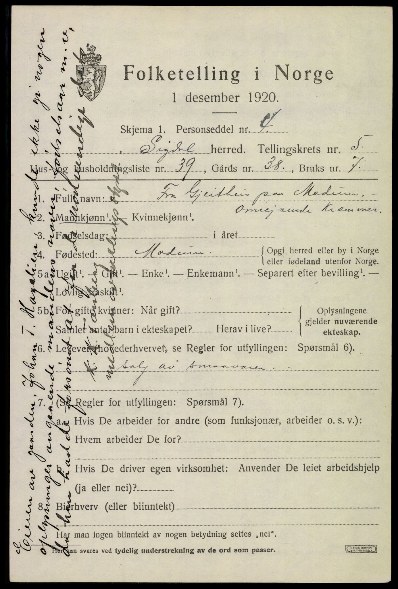 SAKO, 1920 census for Sigdal, 1920, p. 4230