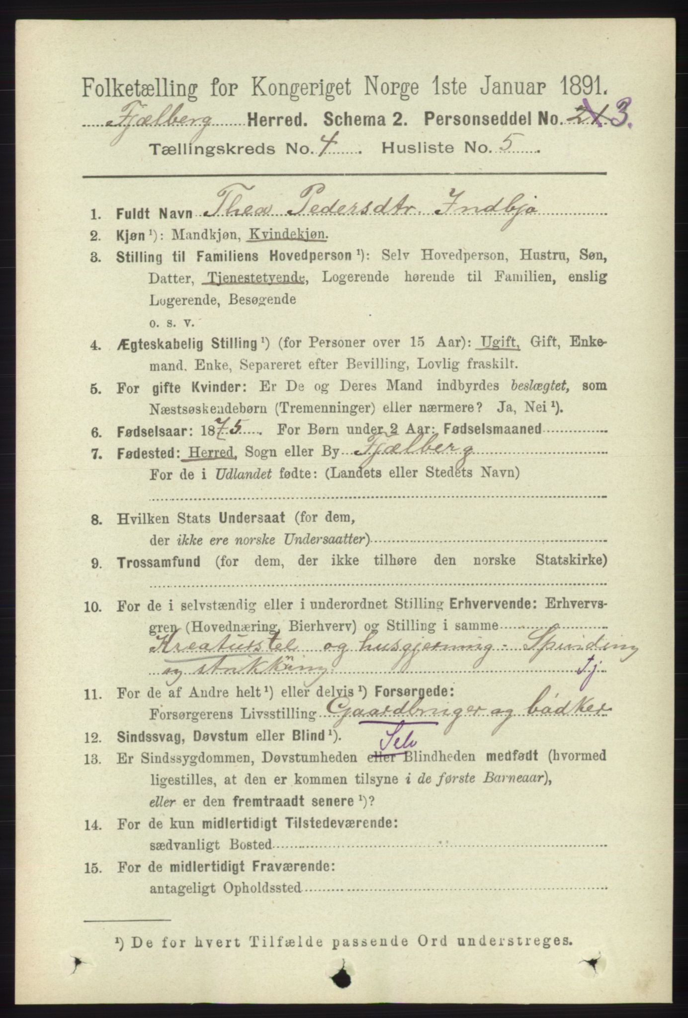 RA, 1891 census for 1213 Fjelberg, 1891, p. 1191