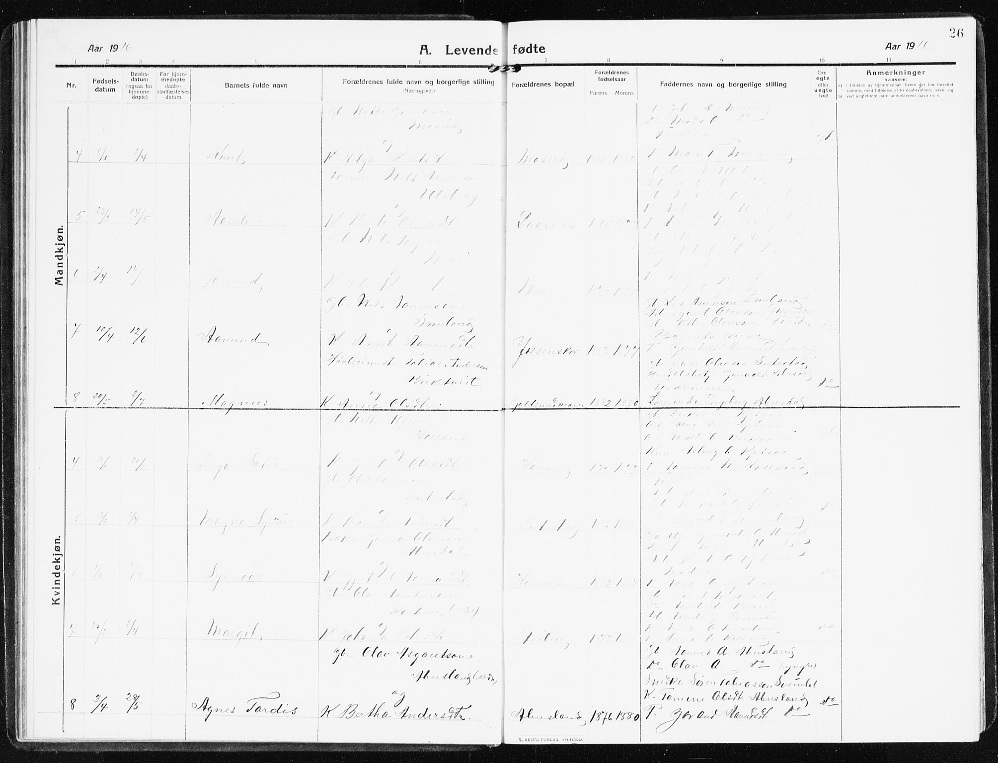 Evje sokneprestkontor, AV/SAK-1111-0008/F/Fb/Fbb/L0003: Parish register (copy) no. B 3, 1910-1933, p. 26