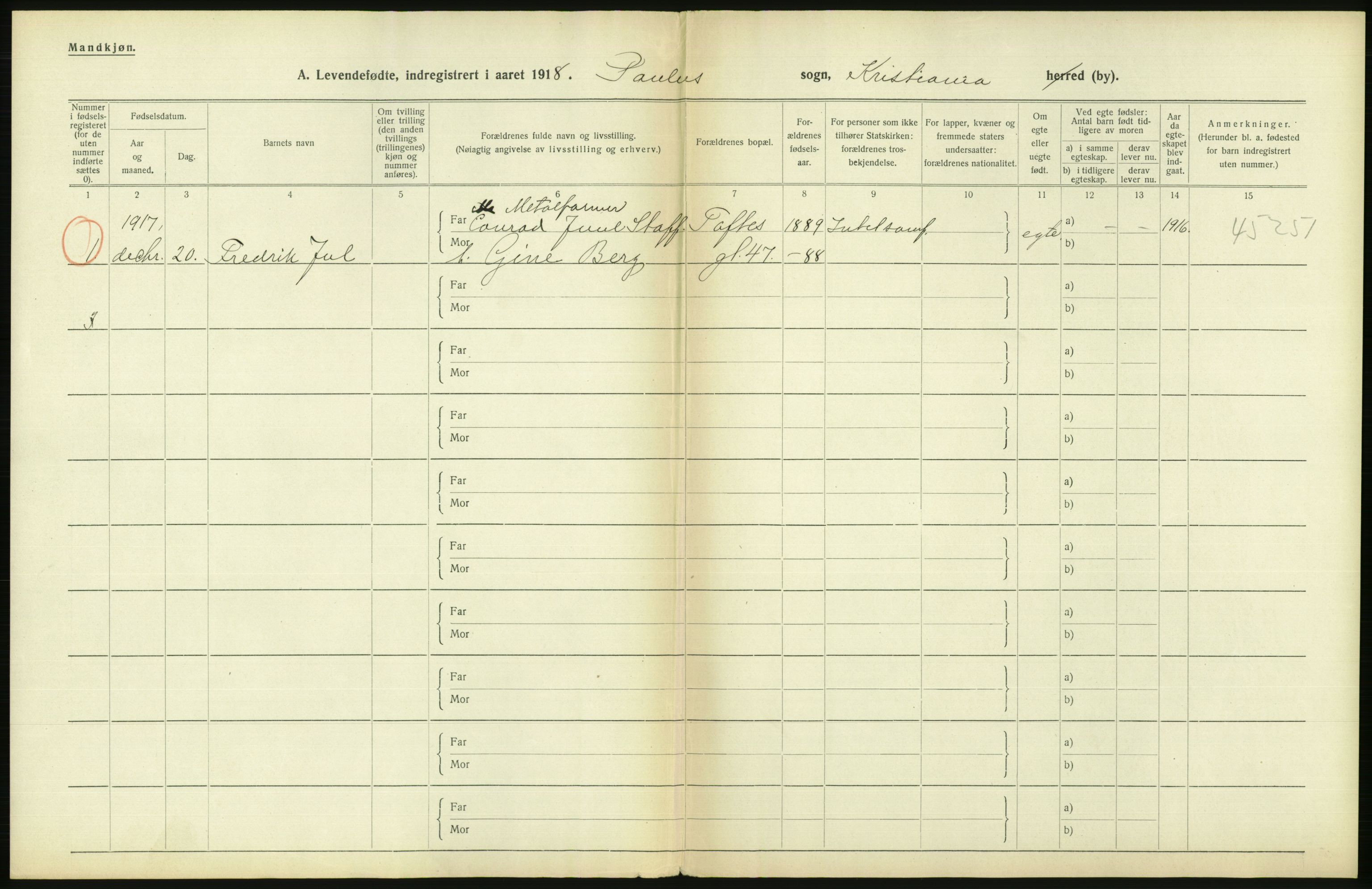 Statistisk sentralbyrå, Sosiodemografiske emner, Befolkning, AV/RA-S-2228/D/Df/Dfb/Dfbh/L0008: Kristiania: Levendefødte menn og kvinner., 1918, p. 622