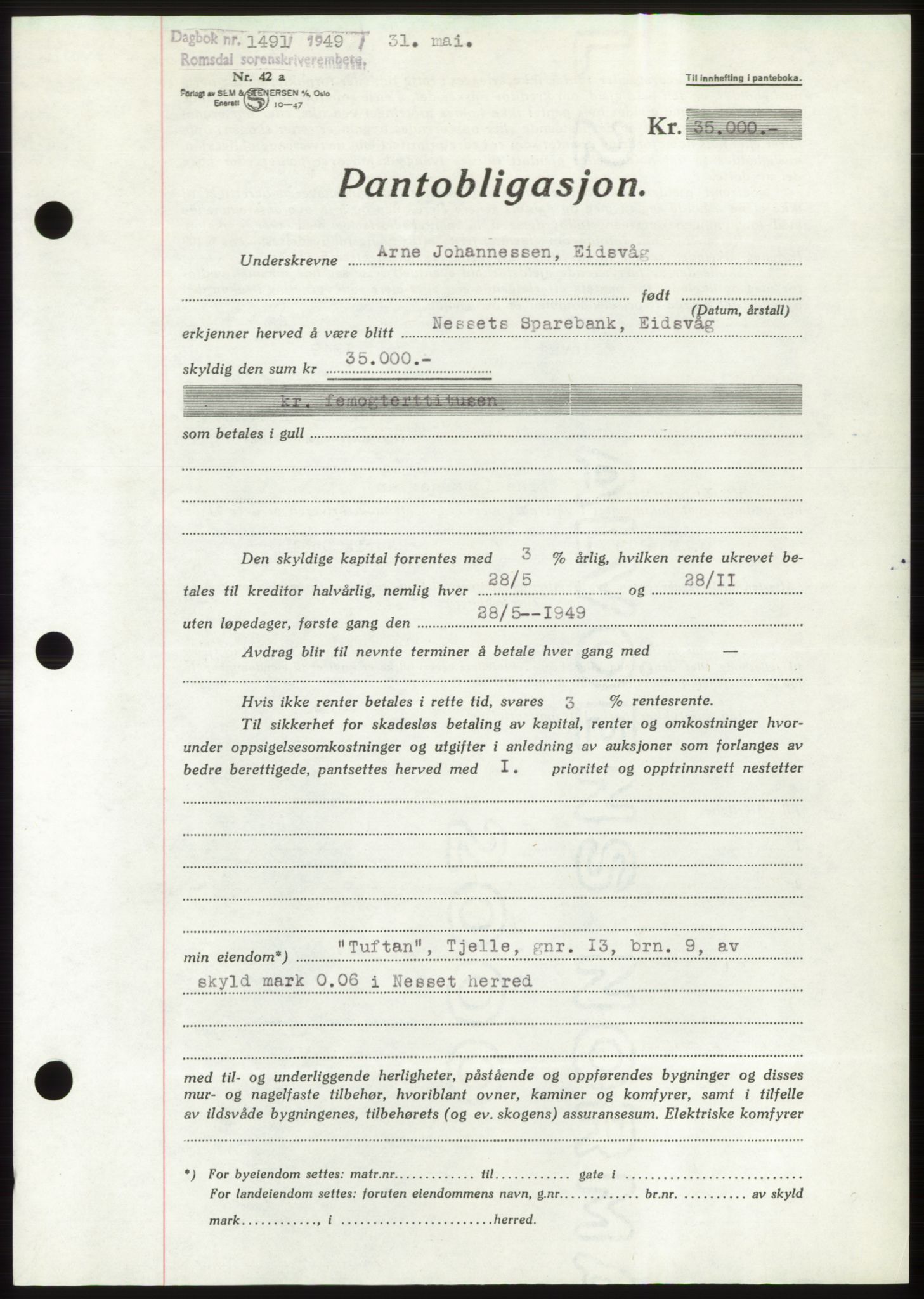 Romsdal sorenskriveri, AV/SAT-A-4149/1/2/2C: Mortgage book no. B4, 1948-1949, Diary no: : 1491/1949