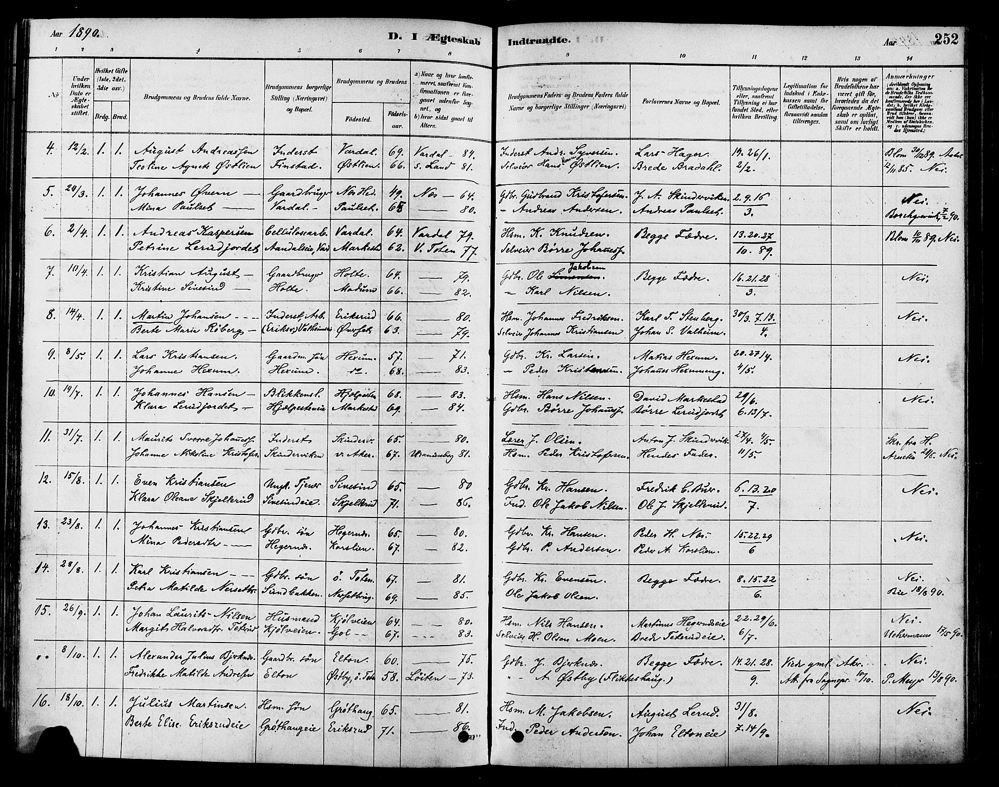 Vestre Toten prestekontor, SAH/PREST-108/H/Ha/Haa/L0009: Parish register (official) no. 9, 1878-1894, p. 252