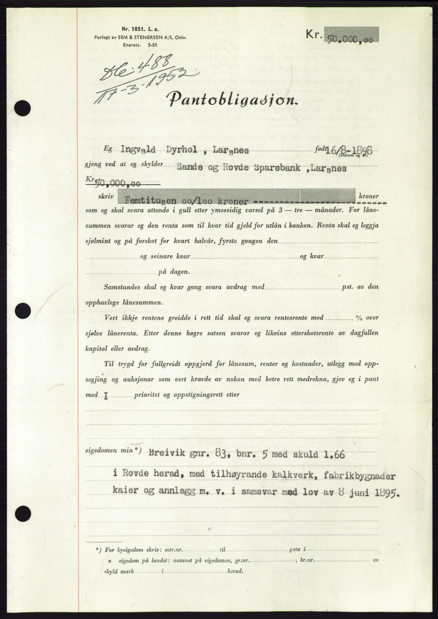 Søre Sunnmøre sorenskriveri, AV/SAT-A-4122/1/2/2C/L0121: Mortgage book no. 9B, 1951-1952, Diary no: : 488/1952