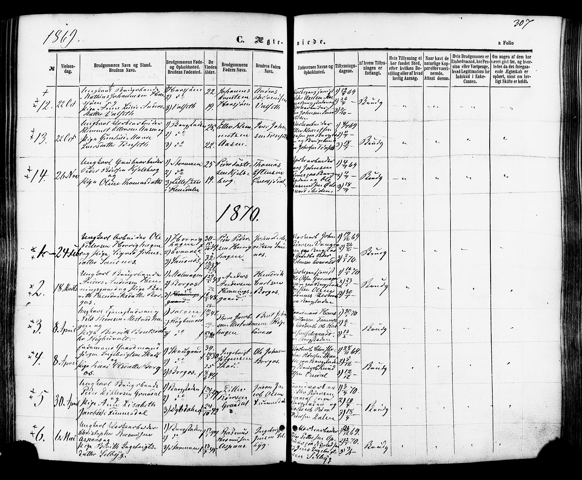 Ministerialprotokoller, klokkerbøker og fødselsregistre - Sør-Trøndelag, SAT/A-1456/681/L0932: Parish register (official) no. 681A10, 1860-1878, p. 307