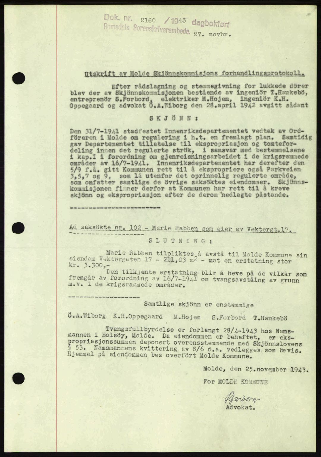 Romsdal sorenskriveri, AV/SAT-A-4149/1/2/2C: Mortgage book no. A15, 1943-1944, Diary no: : 2160/1943