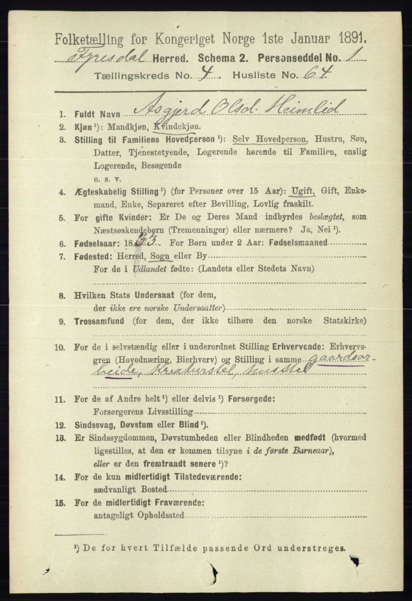 RA, 1891 census for 0831 Fyresdal, 1891, p. 1221