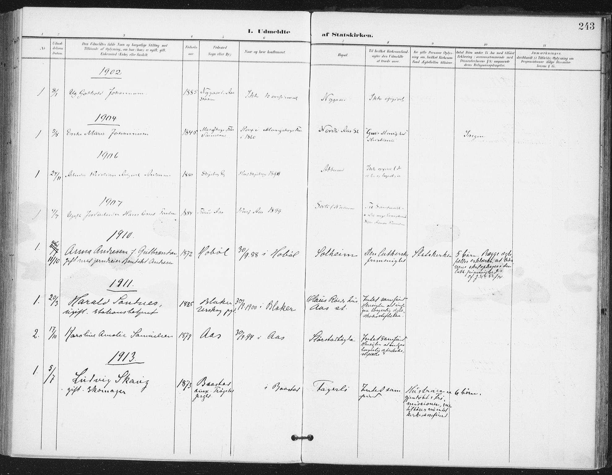 Ås prestekontor Kirkebøker, AV/SAO-A-10894/F/Fa/L0010: Parish register (official) no. I 10, 1900-1918, p. 243