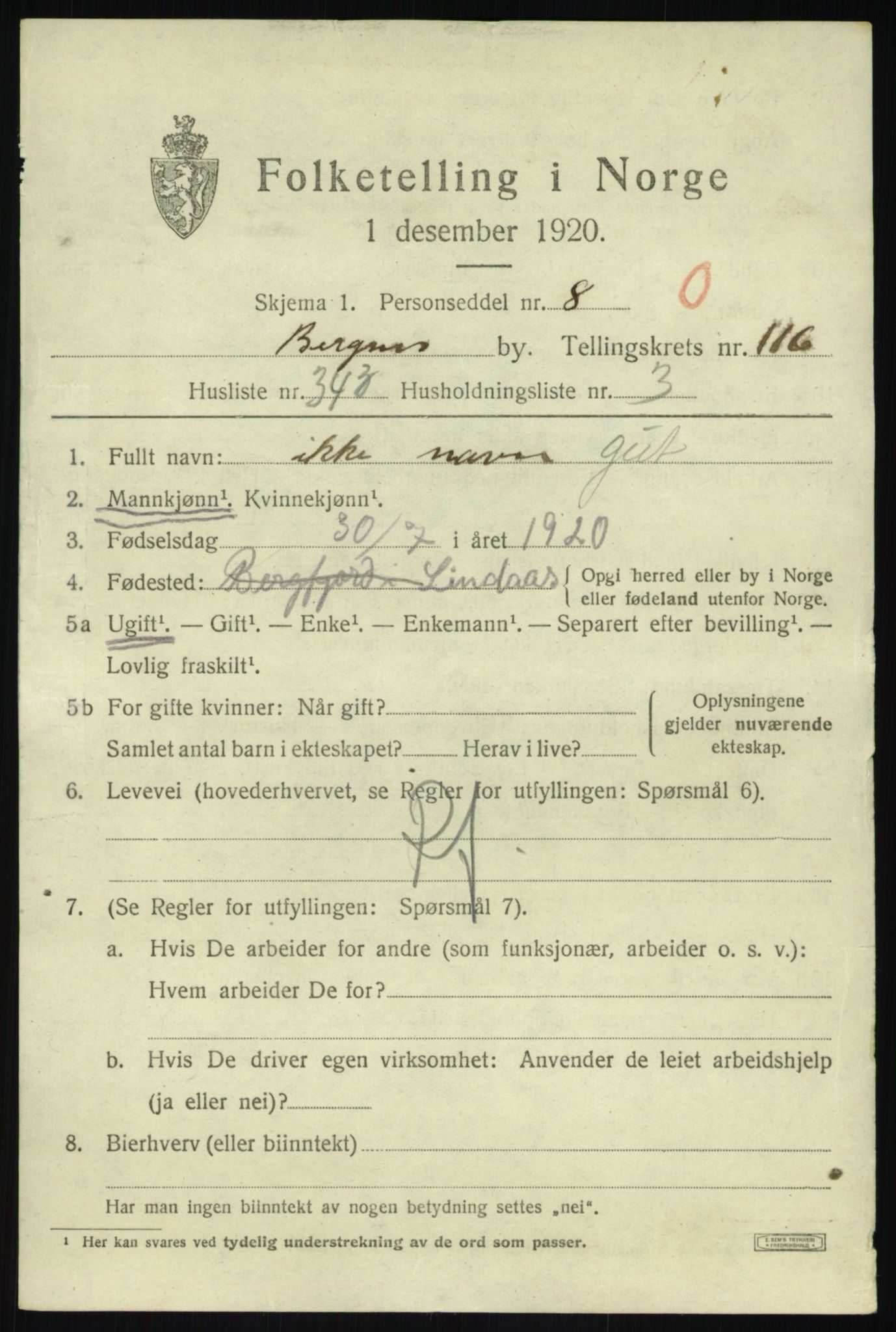 SAB, 1920 census for Bergen, 1920, p. 197737