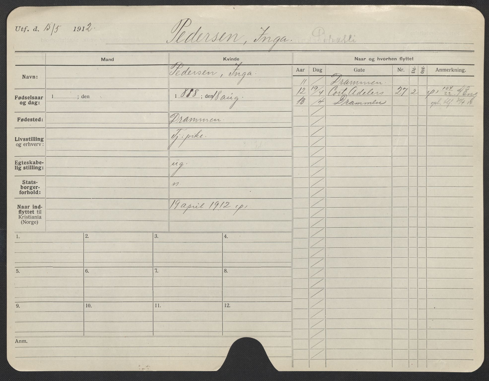 Oslo folkeregister, Registerkort, AV/SAO-A-11715/F/Fa/Fac/L0022: Kvinner, 1906-1914, p. 722a