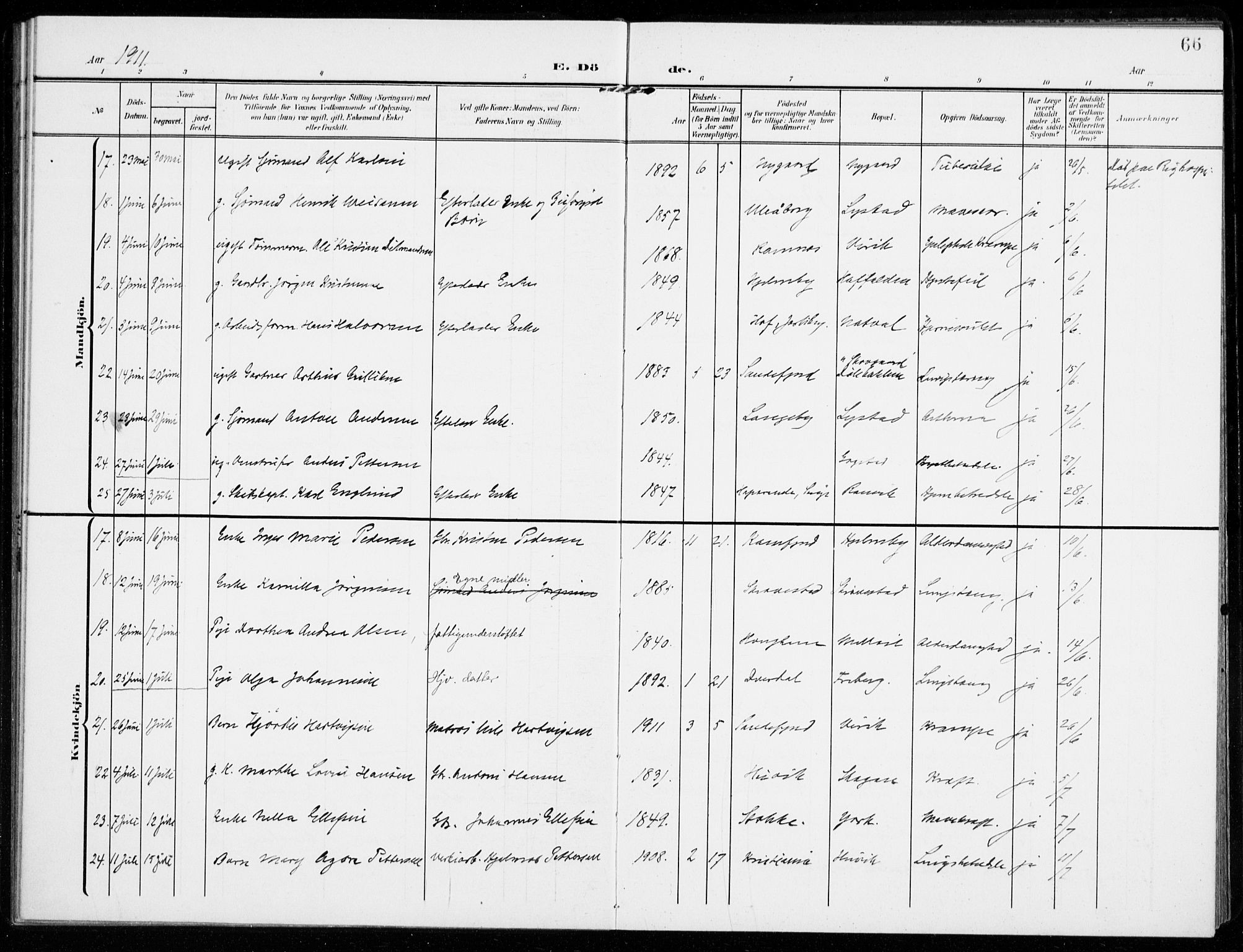 Sandar kirkebøker, SAKO/A-243/F/Fa/L0019: Parish register (official) no. 19, 1908-1914, p. 66