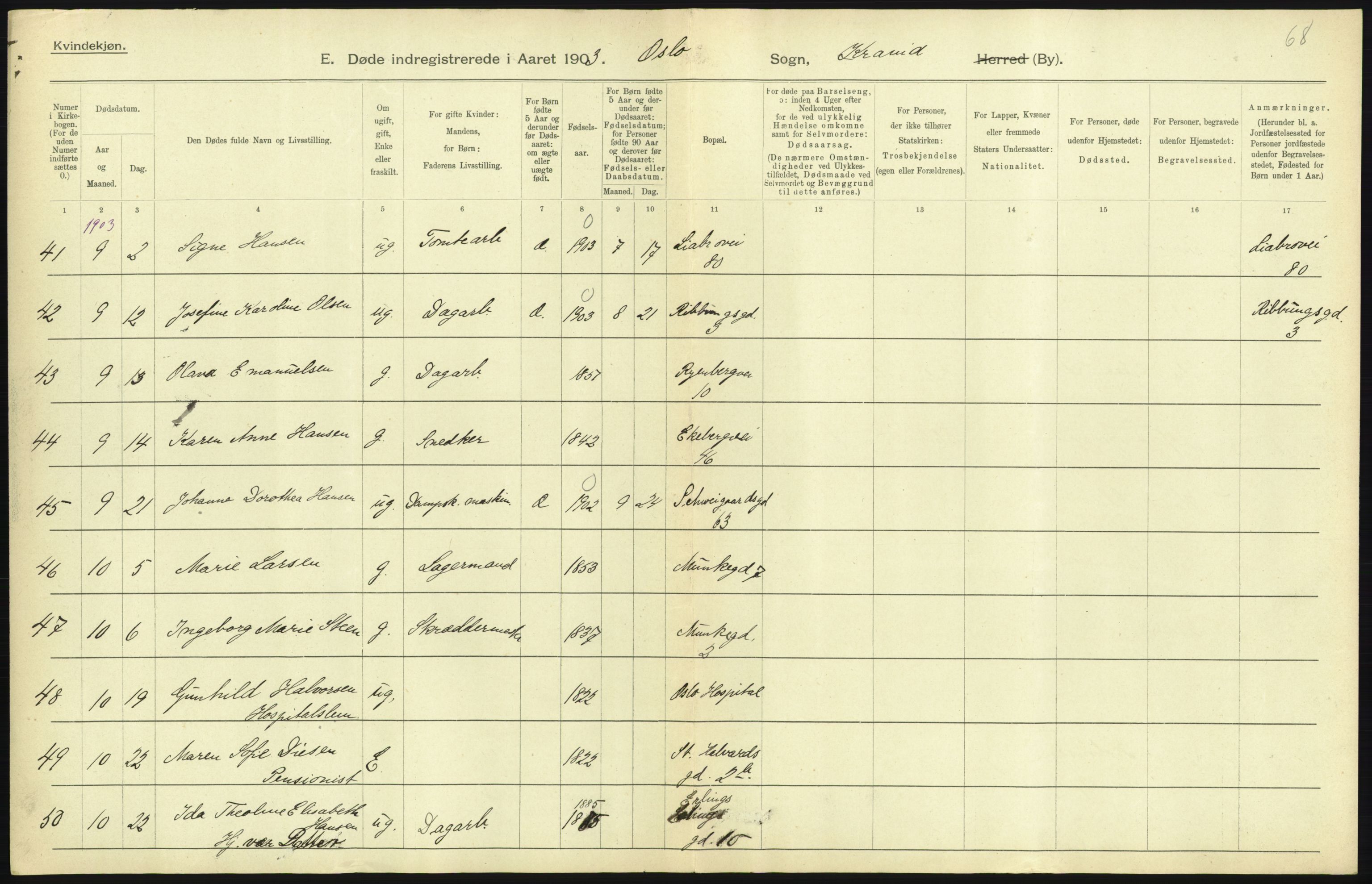 Statistisk sentralbyrå, Sosiodemografiske emner, Befolkning, AV/RA-S-2228/D/Df/Dfa/Dfaa/L0004: Kristiania: Gifte, døde, 1903, p. 291