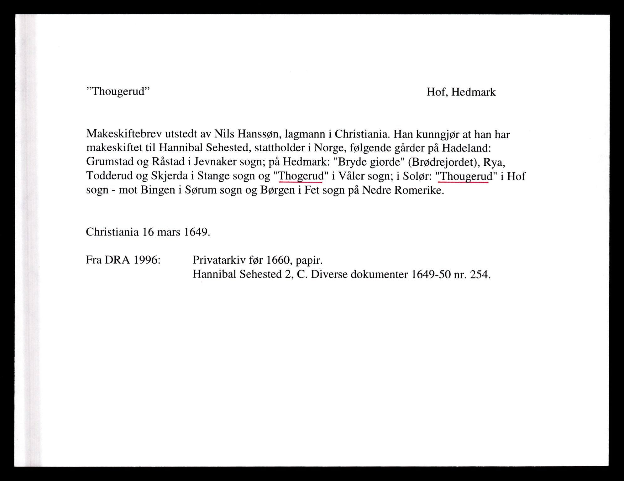 Riksarkivets diplomsamling, AV/RA-EA-5965/F35/F35e/L0008: Registreringssedler Hedmark 2, 1400-1700, p. 95