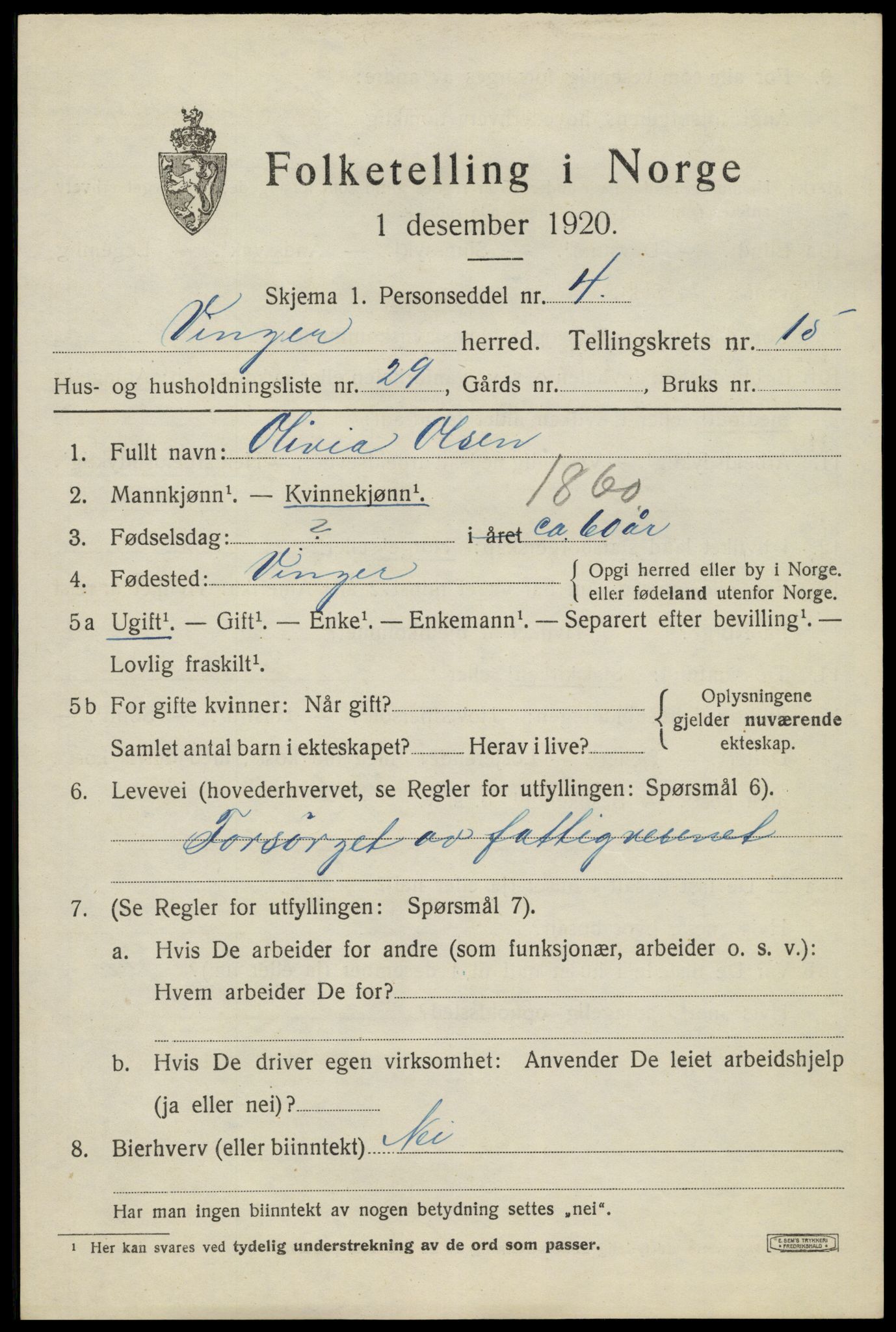 SAH, 1920 census for Vinger, 1920, p. 12036