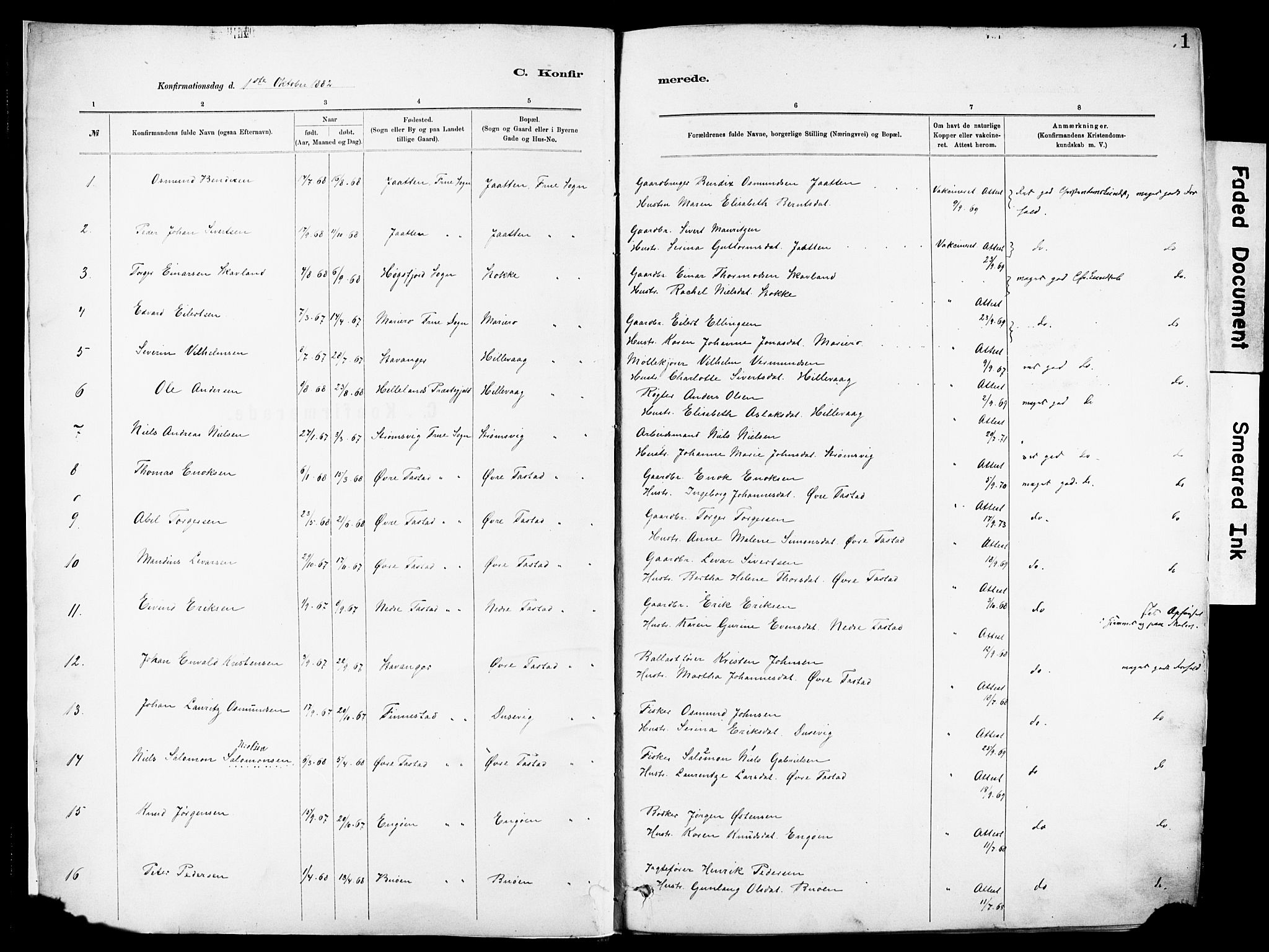 Hetland sokneprestkontor, SAST/A-101826/30/30BA/L0012: Parish register (official) no. A 12, 1882-1912, p. 1