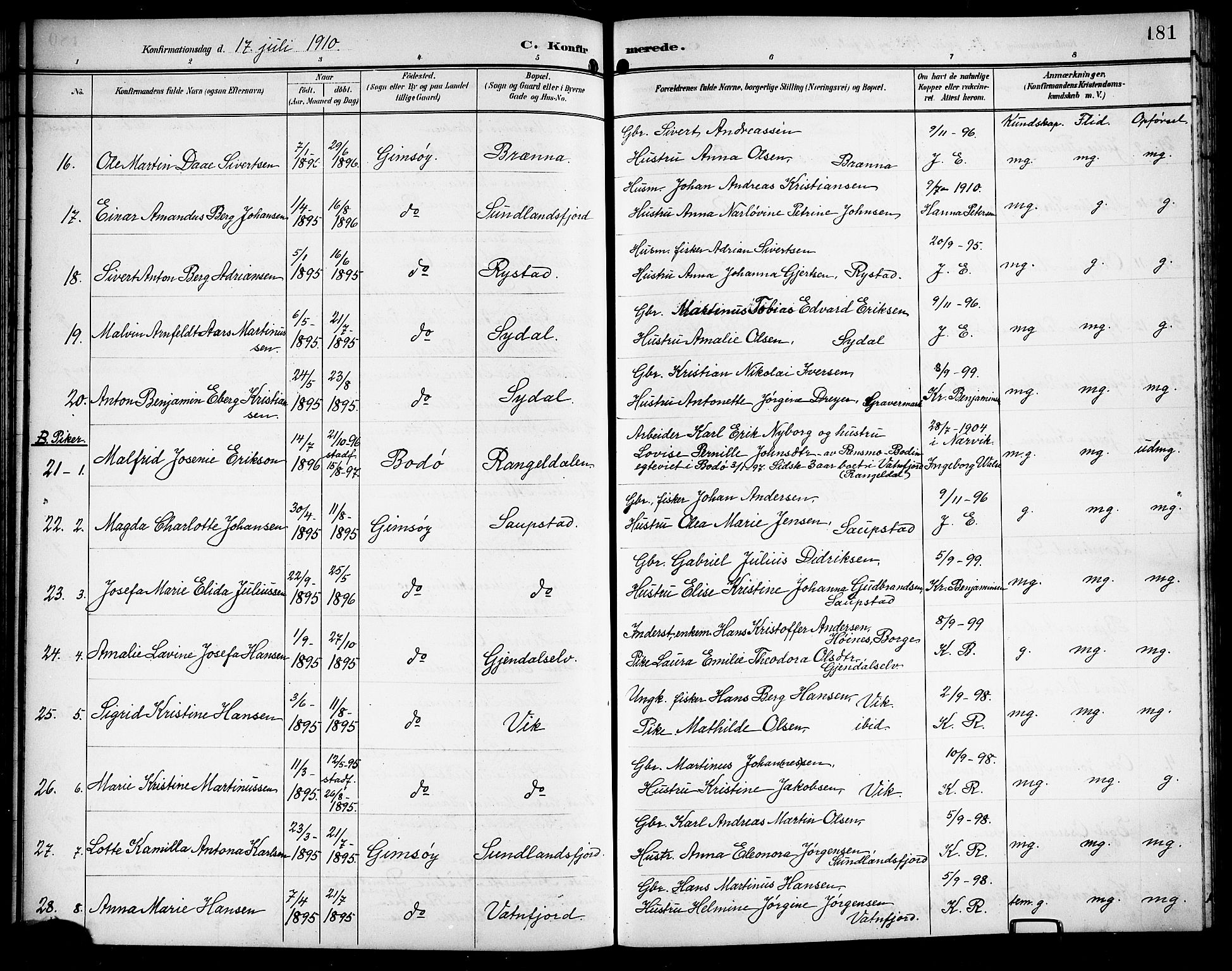 Ministerialprotokoller, klokkerbøker og fødselsregistre - Nordland, AV/SAT-A-1459/876/L1105: Parish register (copy) no. 876C04, 1896-1914, p. 181