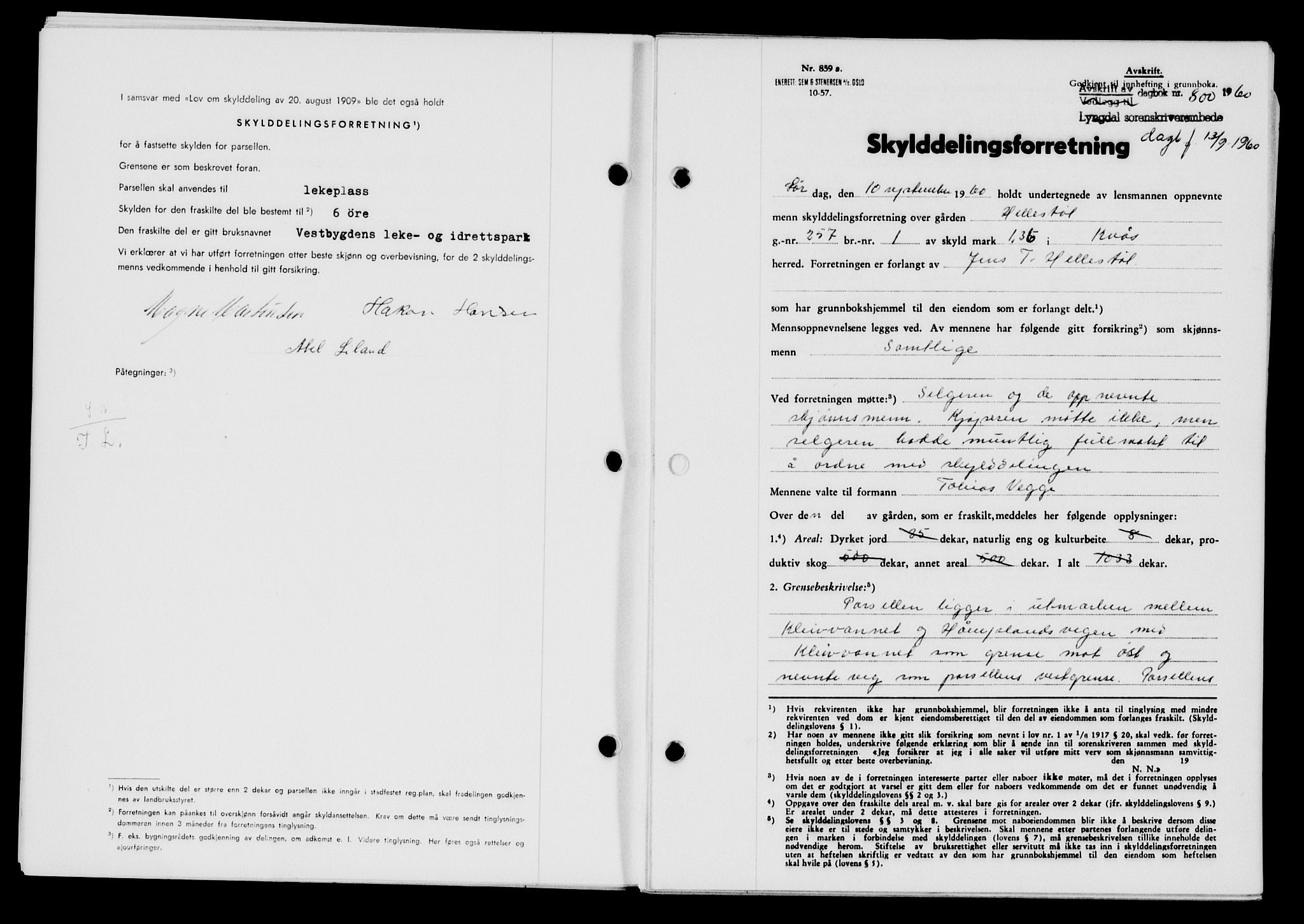 Lyngdal sorenskriveri, AV/SAK-1221-0004/G/Gb/L0680: Mortgage book no. A XXVI, 1960-1960, Diary no: : 800/1960