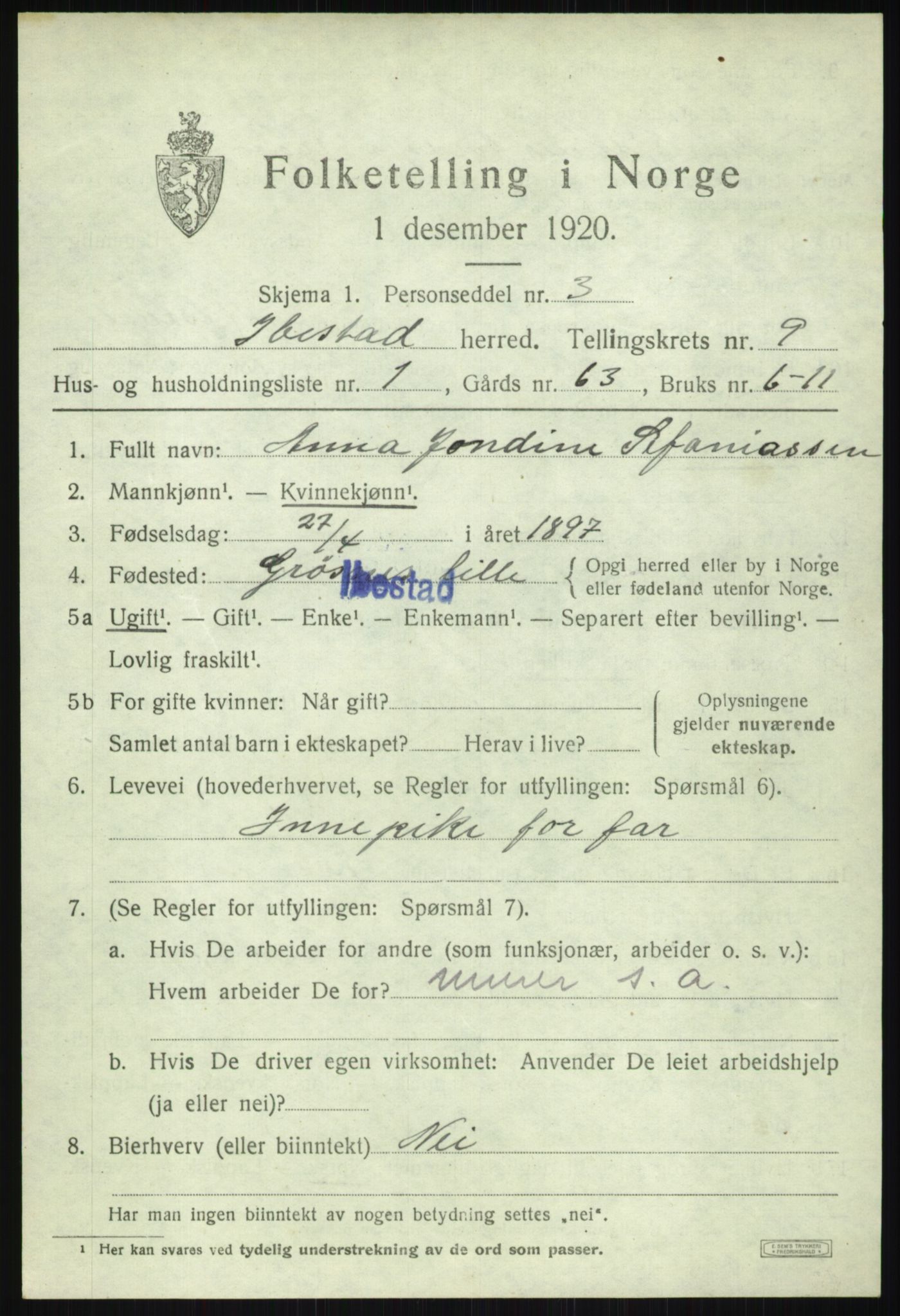 SATØ, 1920 census for Ibestad, 1920, p. 5420