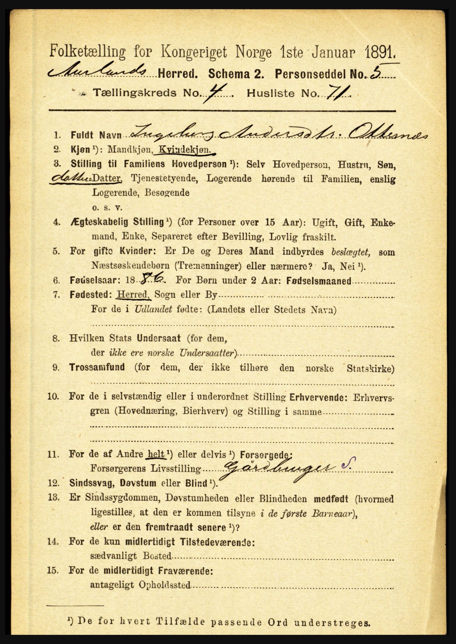 RA, 1891 census for 1421 Aurland, 1891, p. 1706